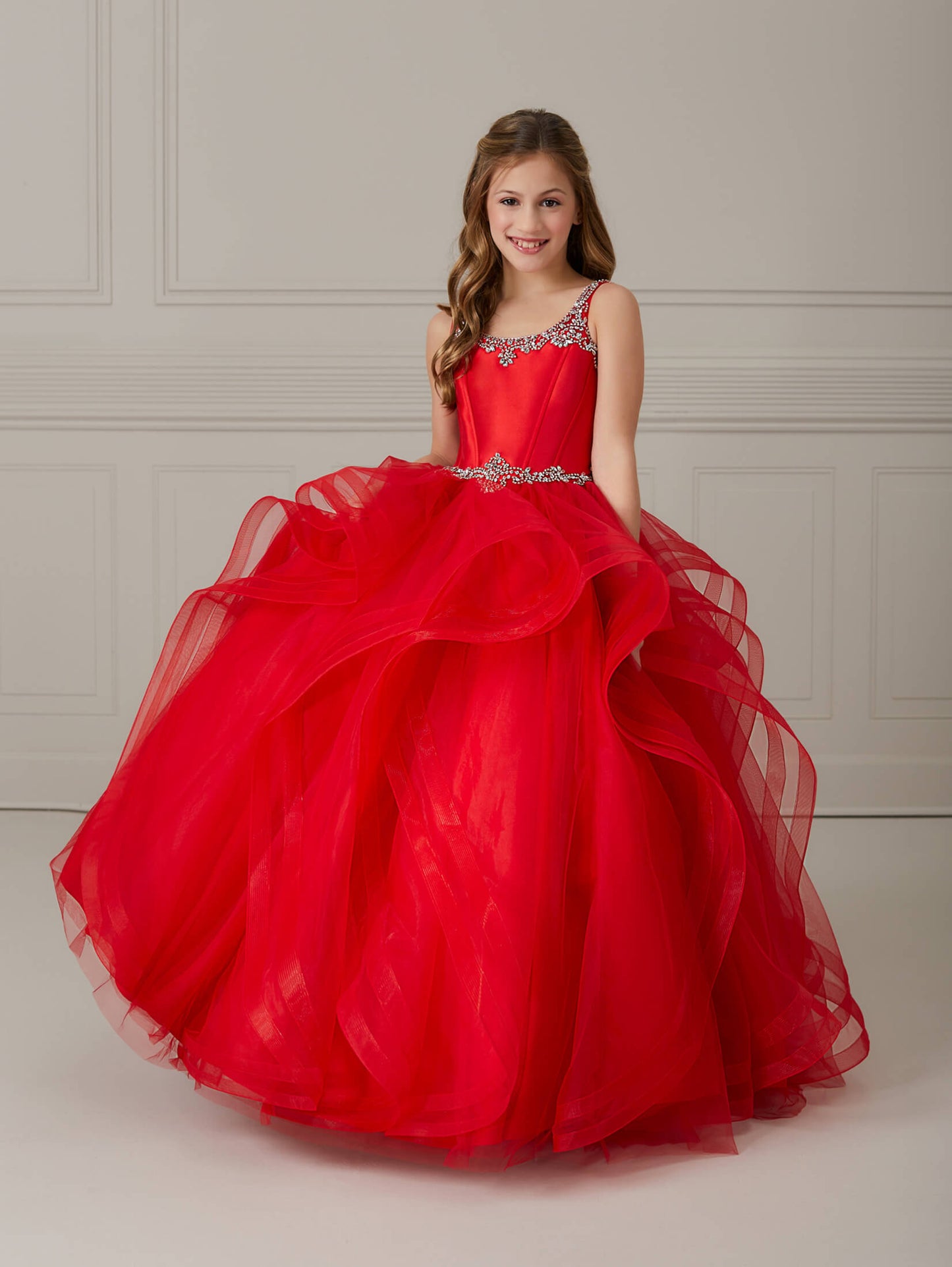 Tulle and Mikado Scoop Neck Ruffle Gown