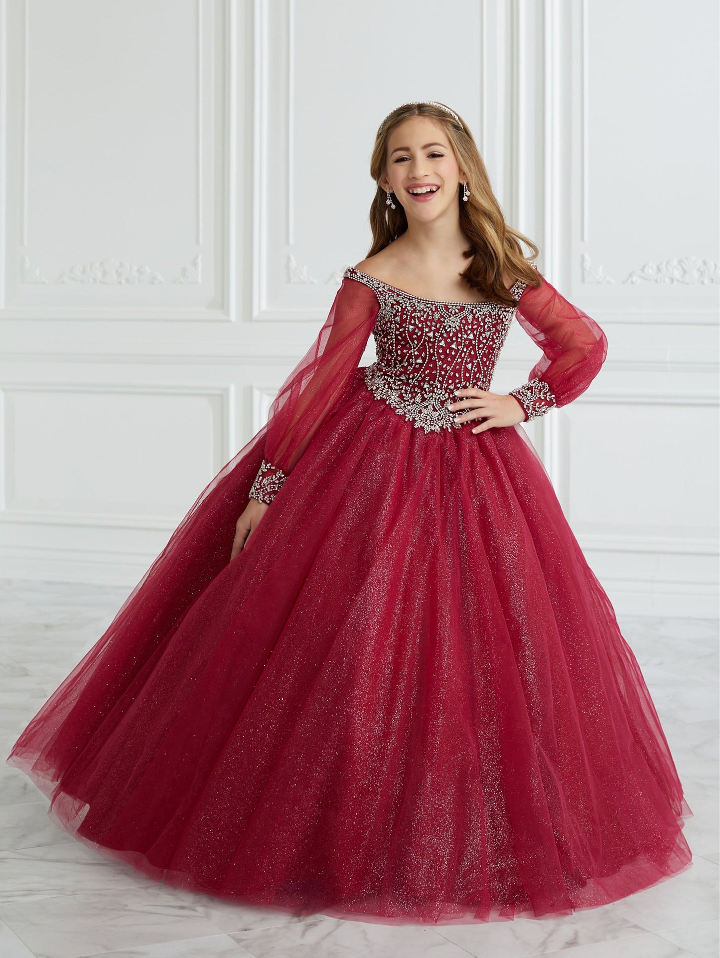Hand-Beaded and Tulle A-Line Gown with Detachable Sleeves