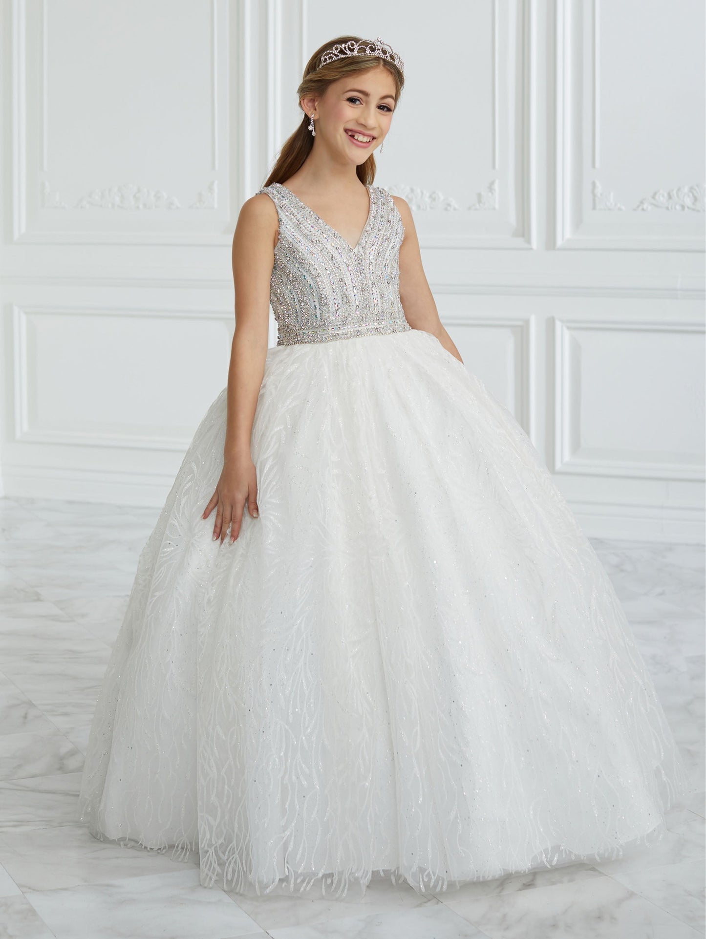 Hand-Beaded and Floral Glitter Tulle A-Line Gown