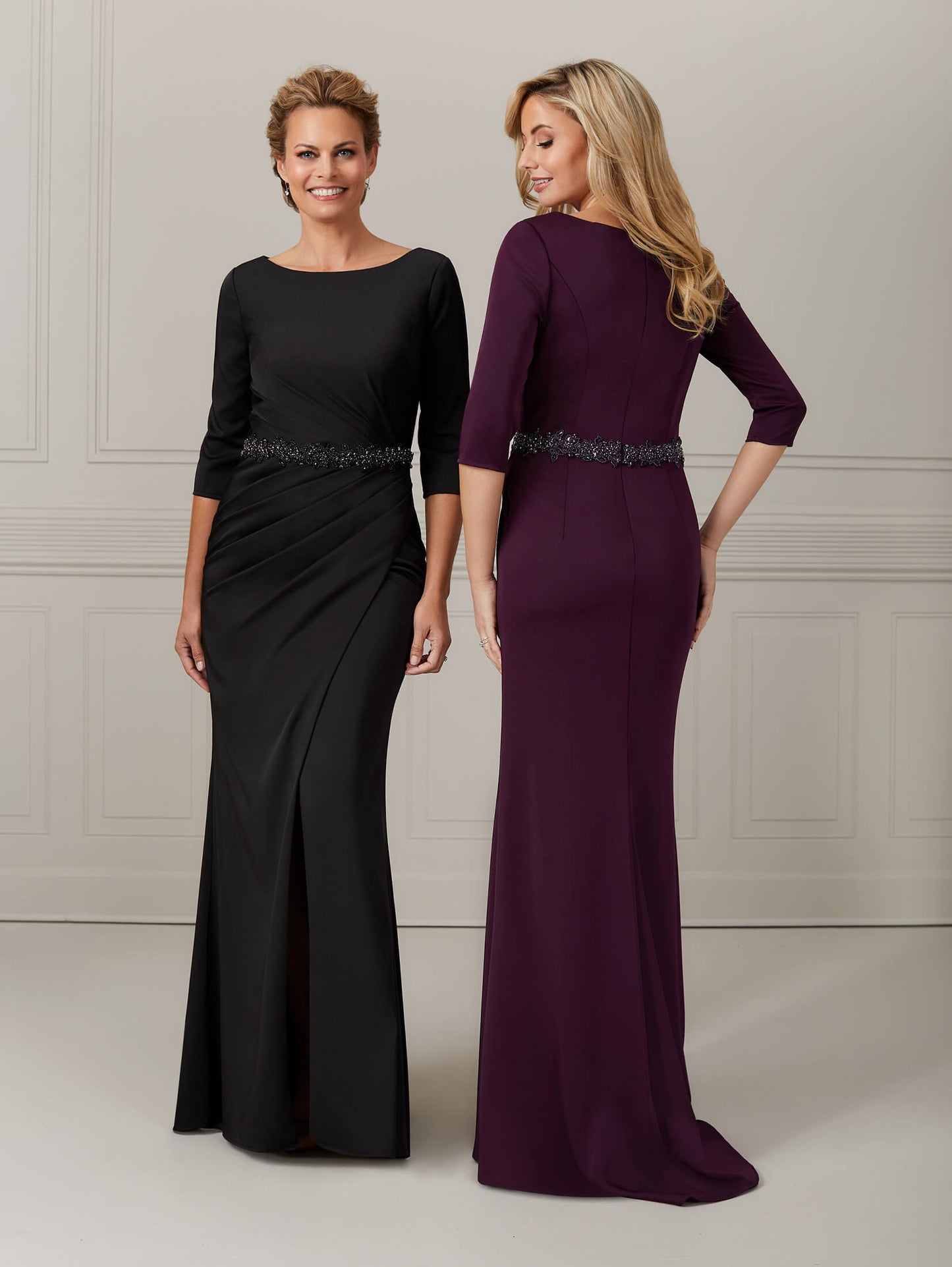 3/4-Sleeve Stretch Satin Gown