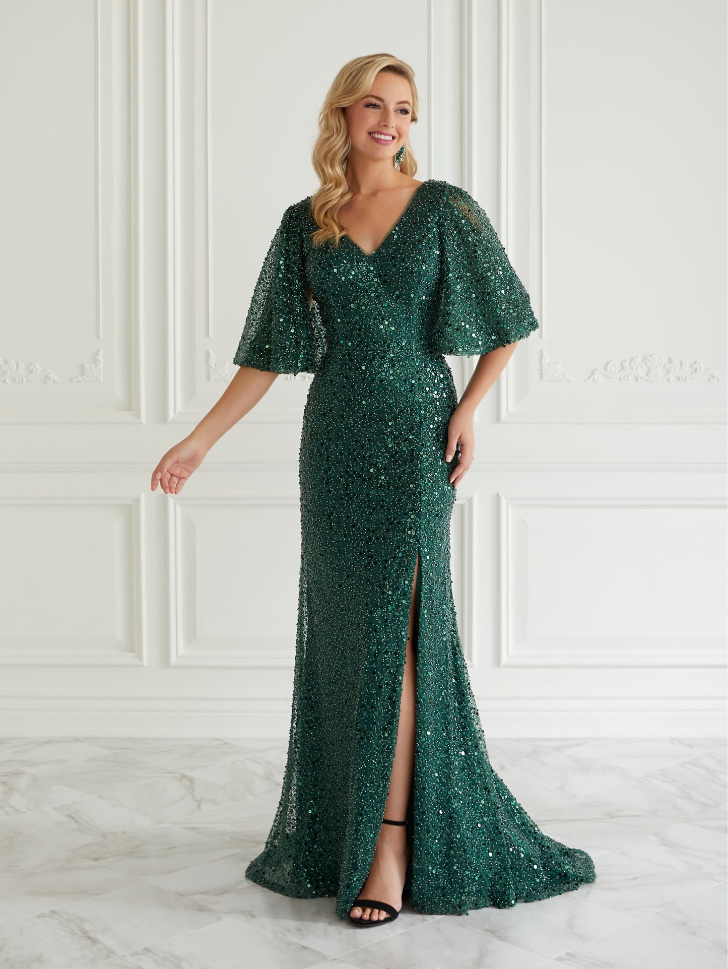 Sequined Flutter Sleeve Gown