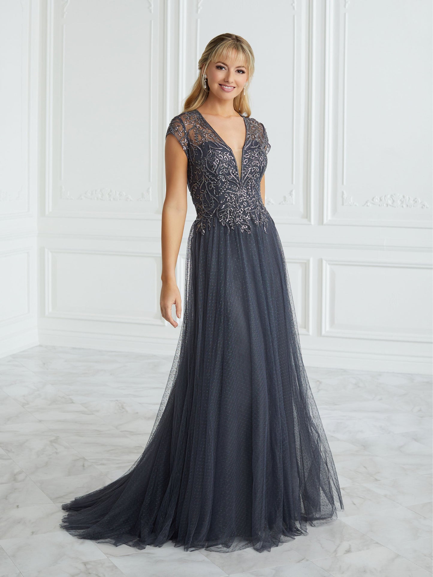 Hand-Beaded and Swiss Dot A-Line Gown