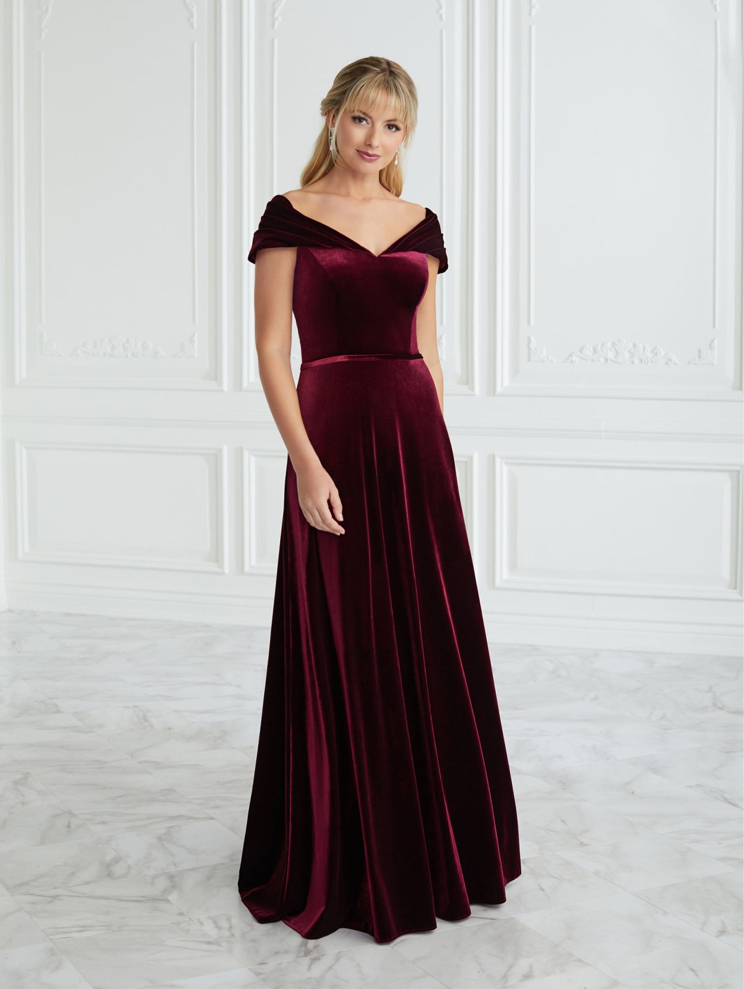Velvet Off-The-Shoulder A-Line Gown