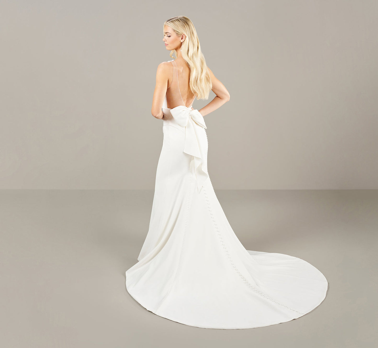 Stretch Crepe Wedding Dress With Pearl Trim In Ivory