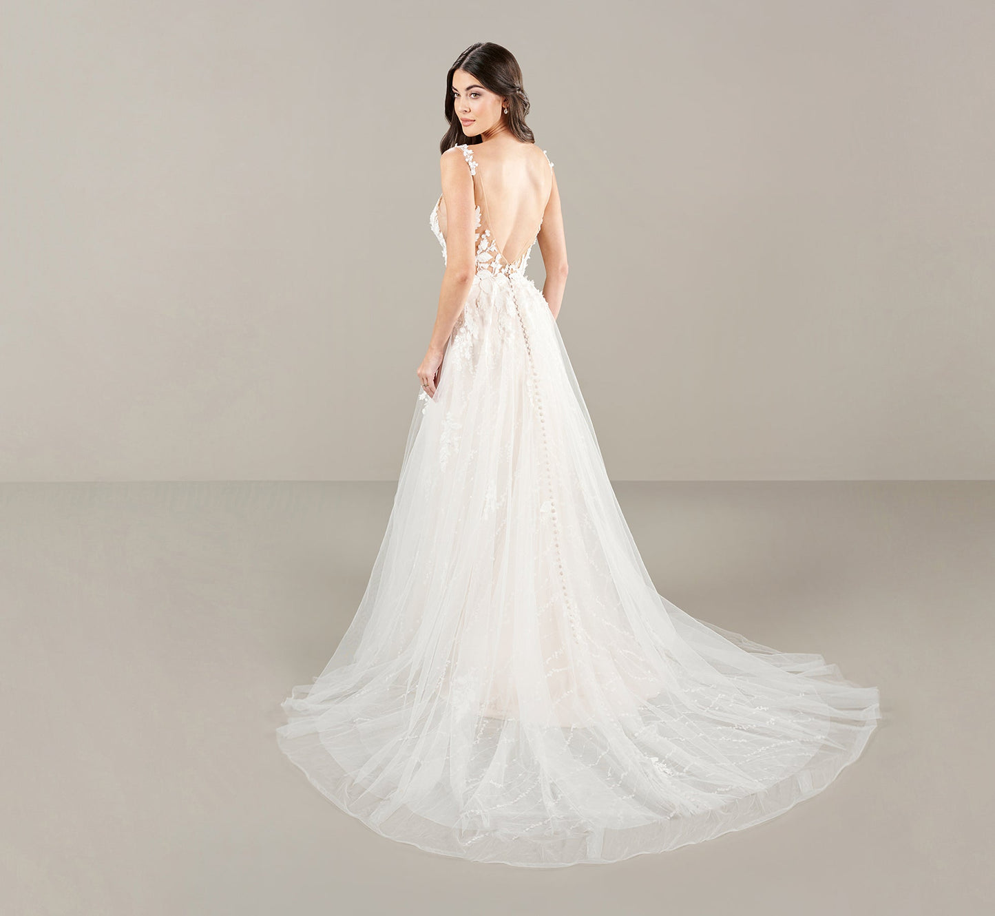 Ethereal A Line Lace Gown In Ivory Almond