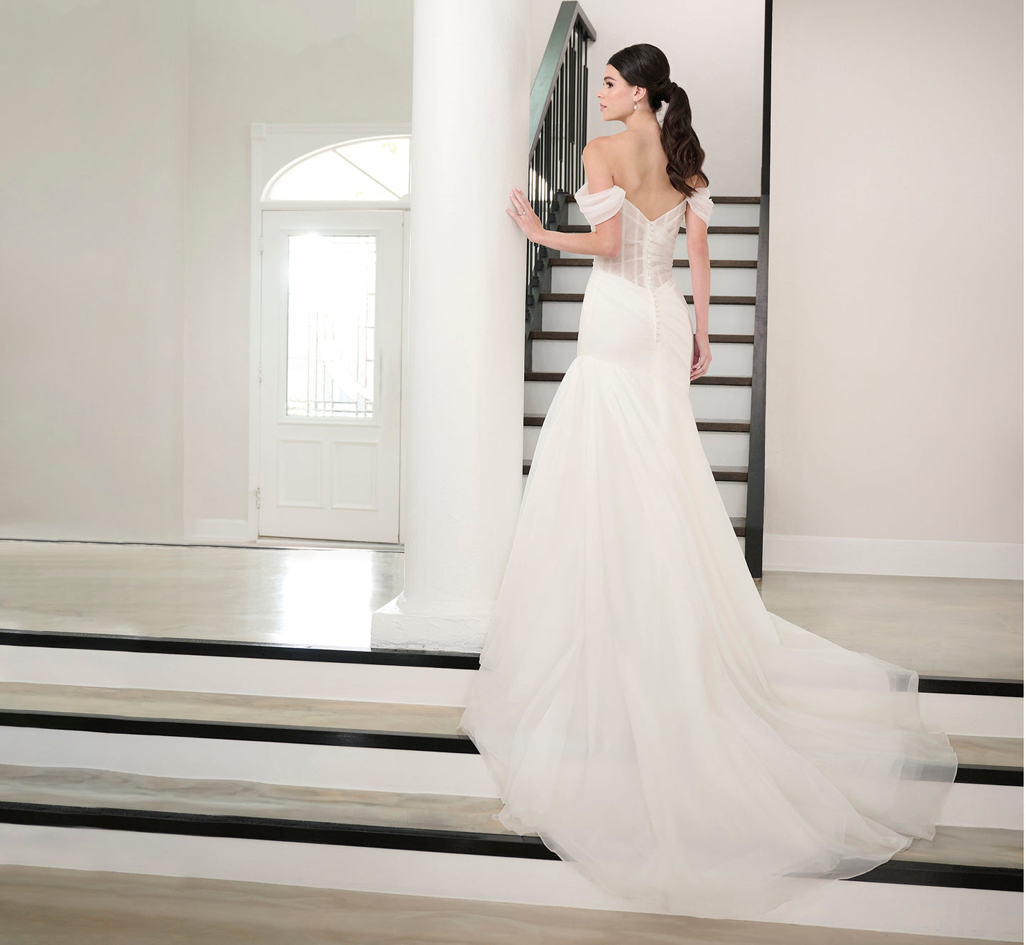 Watercolor Printed Organza Gown In Ivory