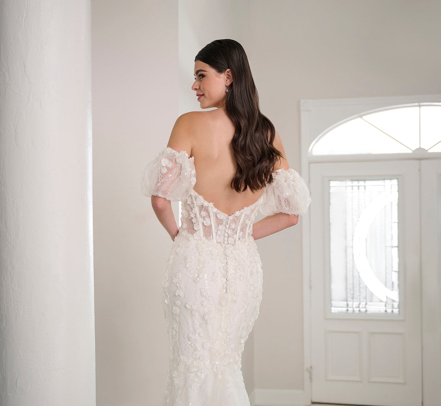 Beaded And Lace Gown In Ivory Nude