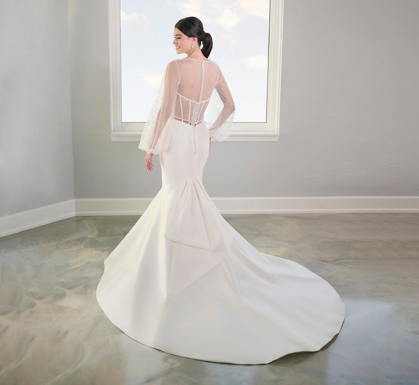 Stretch Mikado Gown With Studded Pearl Jacket In Ivory