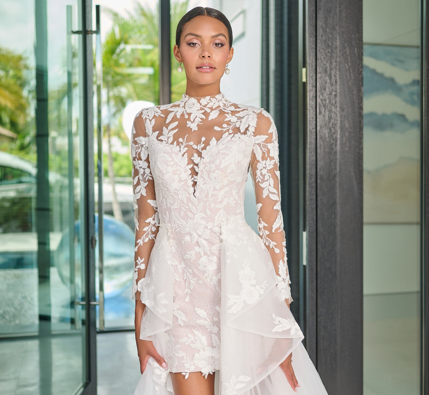 Chantilly Lace Short Dress with Detachable Tulle Overskirt in Ivory French Lilac Nude