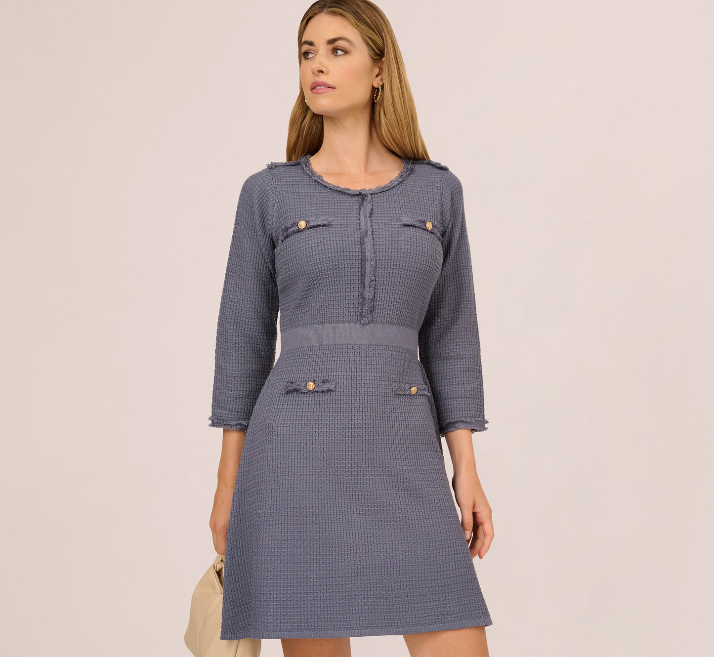 Three Quarter Sleeve Waffle Knit Short Dress In Dusty Blue