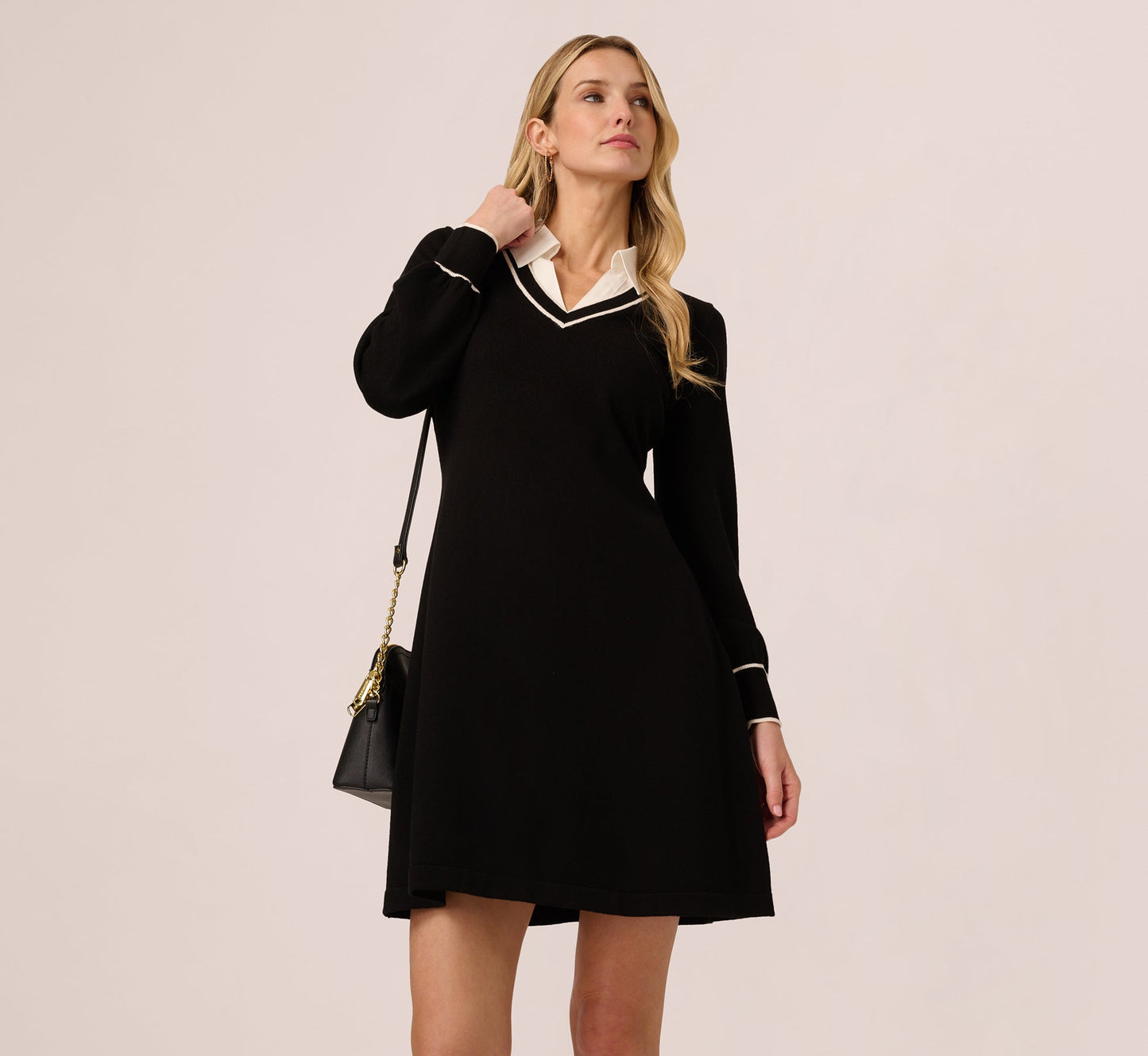 Long Sleeve Collared Twofer Sweater Dress In Black Ivory