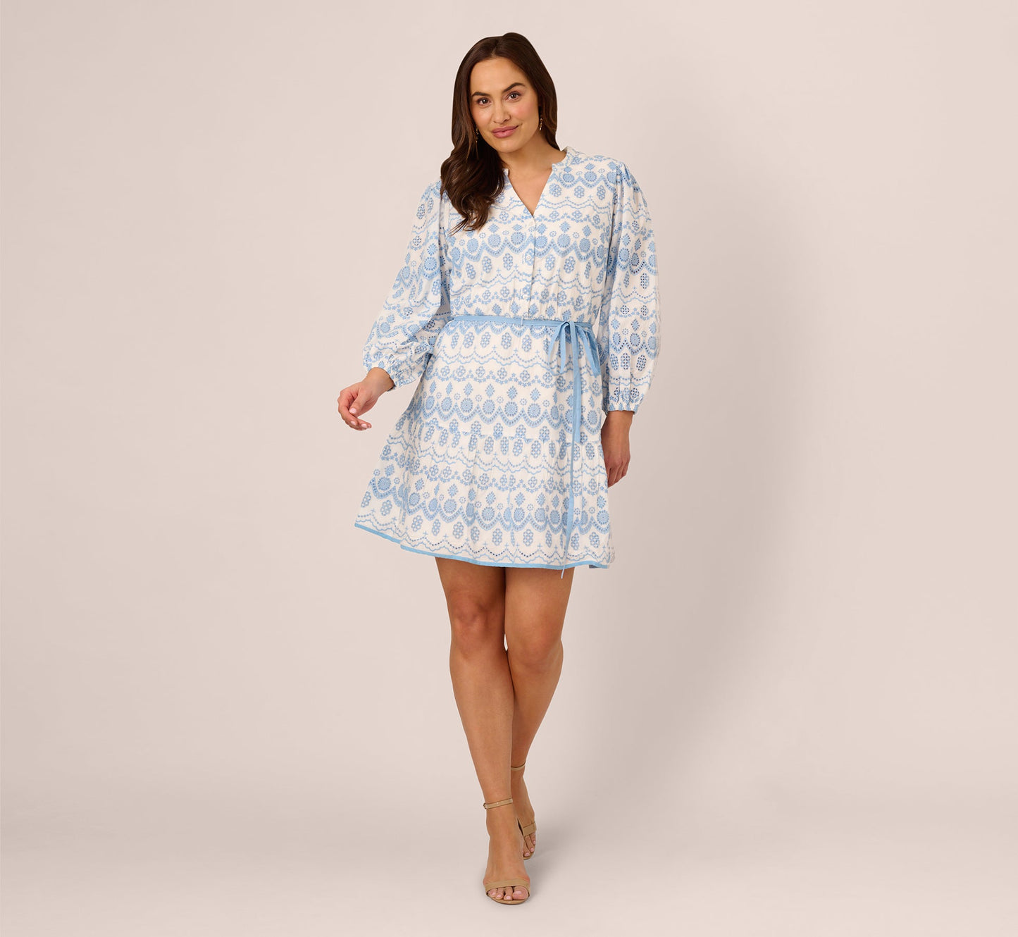 Plus Size Long Sleeve Flounce Eyelet Shirt Dress In Light Blue Ivory