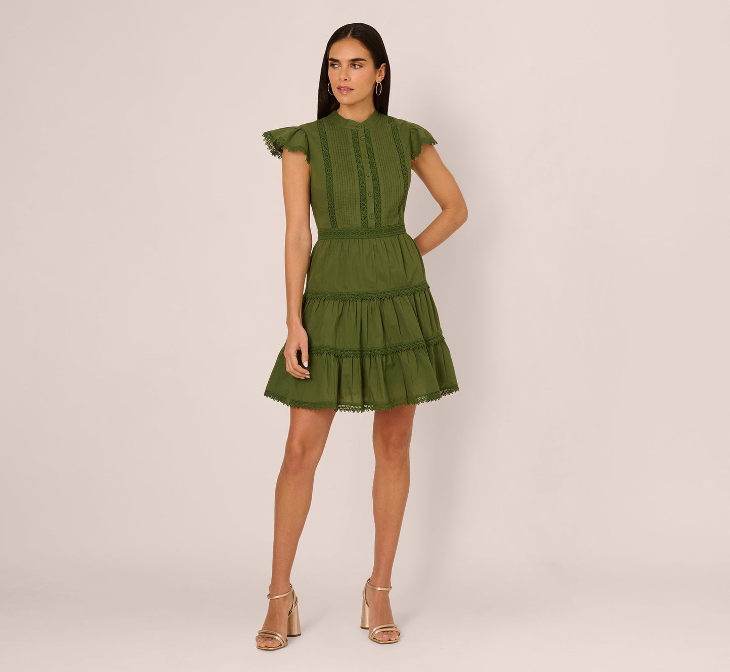 Flutter Sleeve Lace Short Cotton Dress In Olive Green