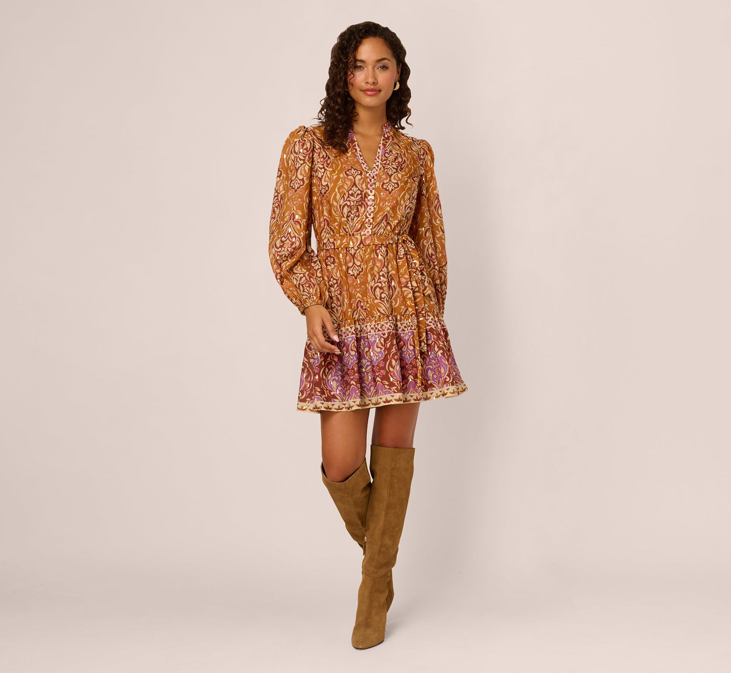 Bishop Sleeve Metallic Paisley A Line Dress In Brown Multi