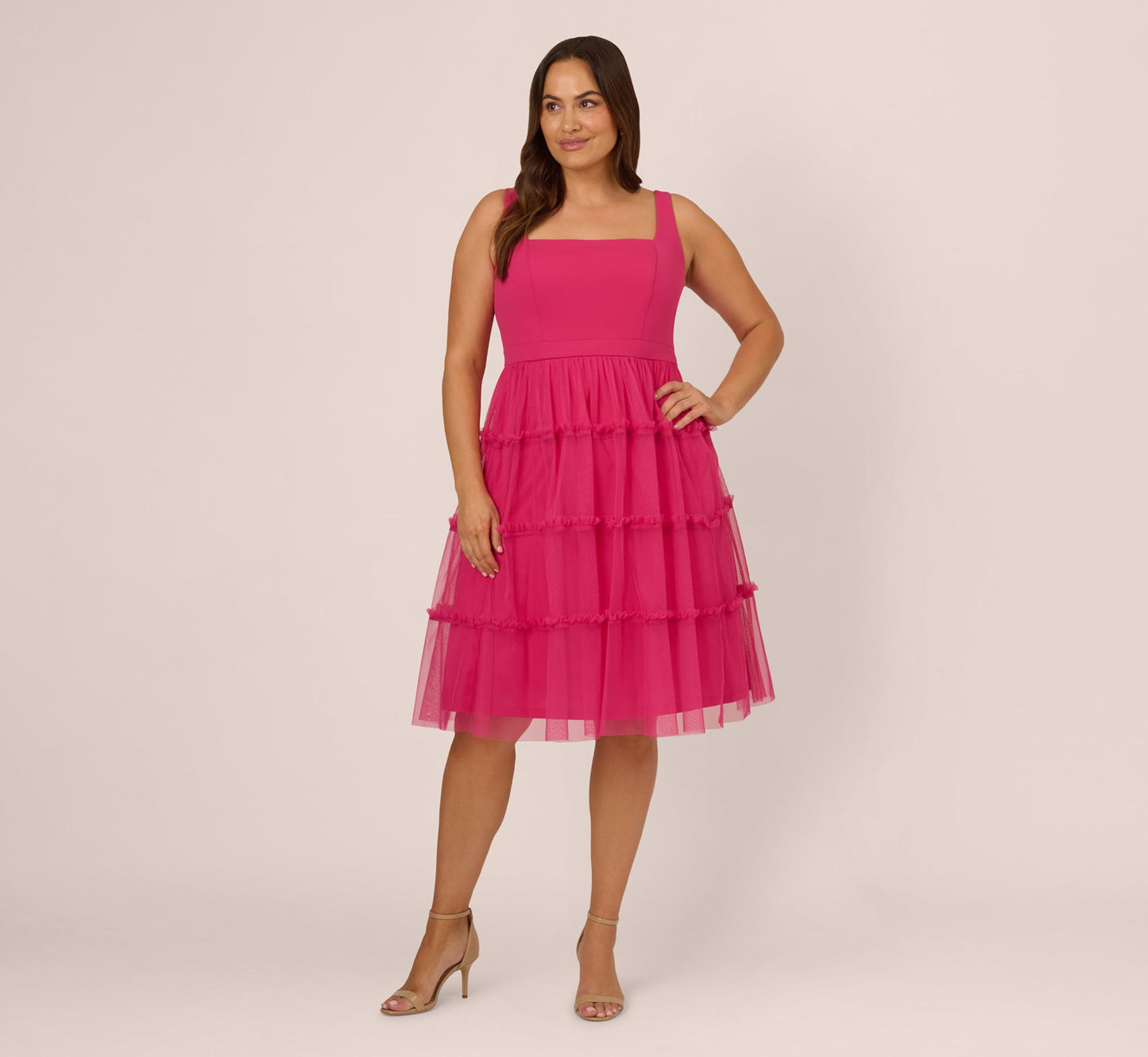 Plus Size Sleeveless Midi Dress With Square Neck And Tiered Skirt In Bright Rose