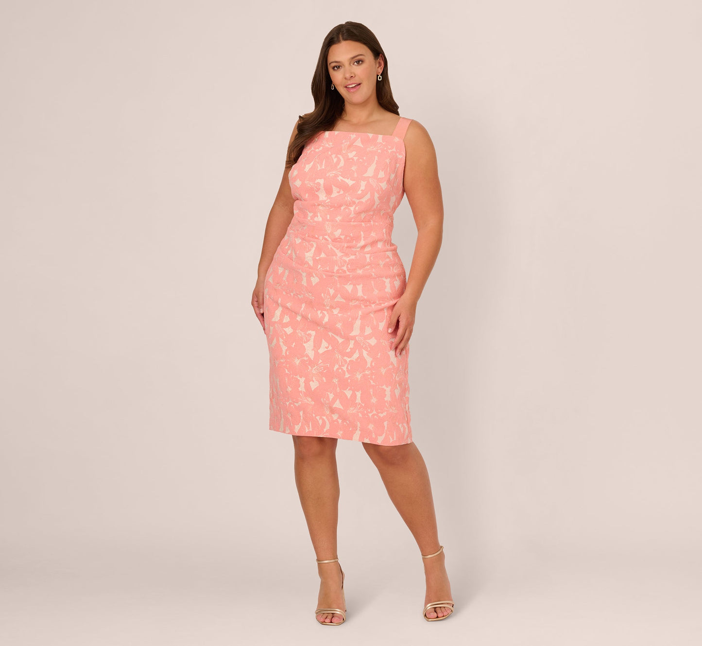Plus Size Hibiscus Jacquard Sheath Dress With Tucked Details In Light Coral