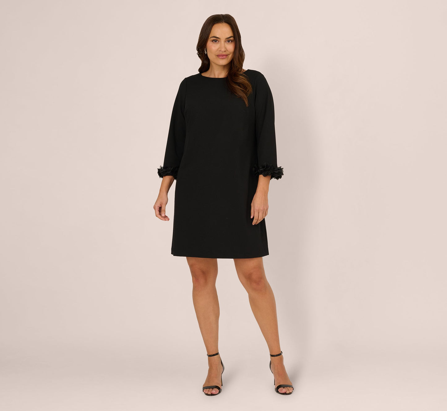 Plus Size Three Quarter Sleeve Shift Dress With Floral Embellished Cuffs In Black