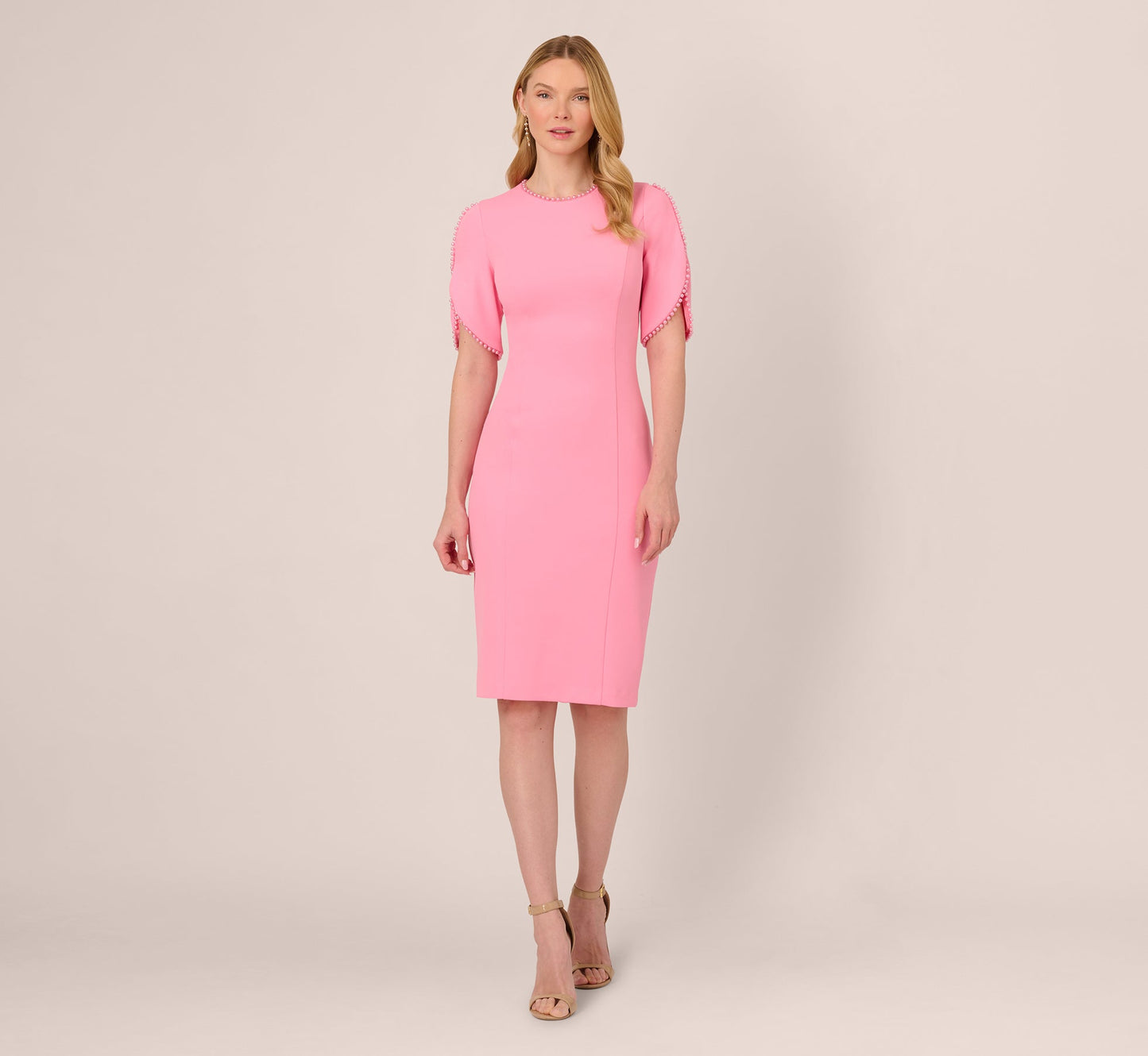 Crepe Midi Length Sheath Dress With Pearl Trimmed Sleeves In Cherry Blossom