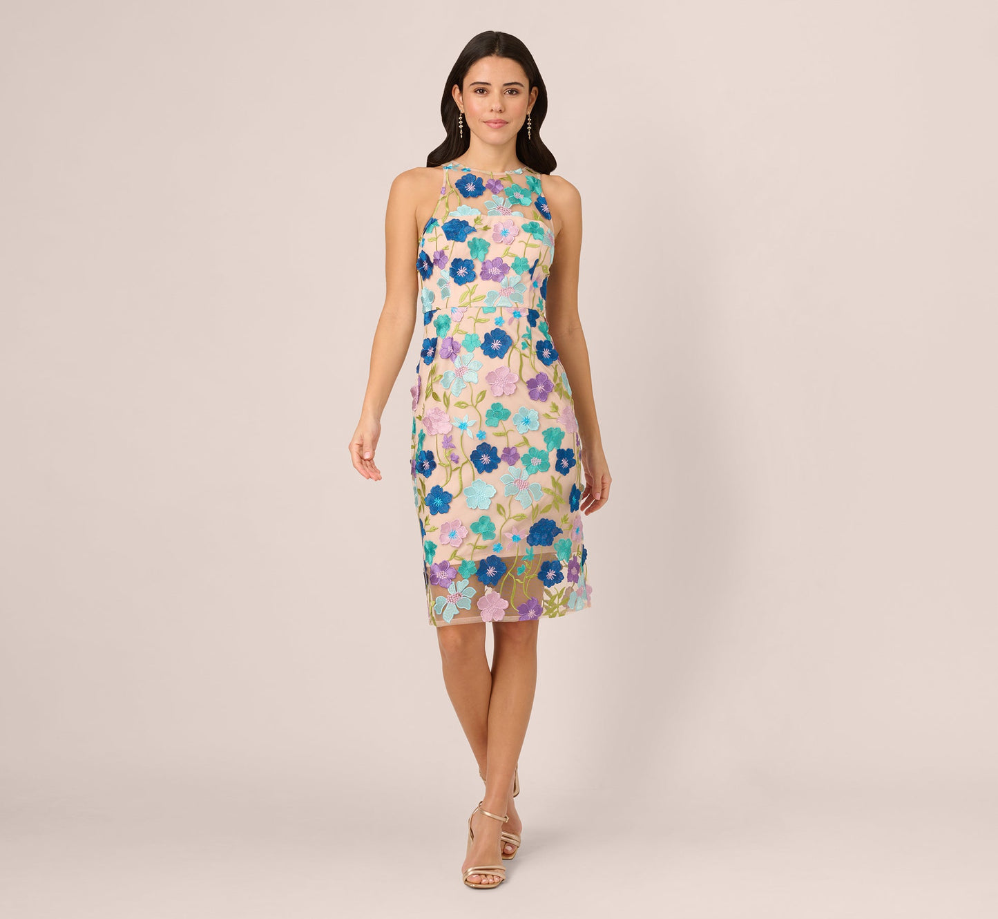 Multicolor Floral Embroidered Halter Midi Dress In Blue Multi