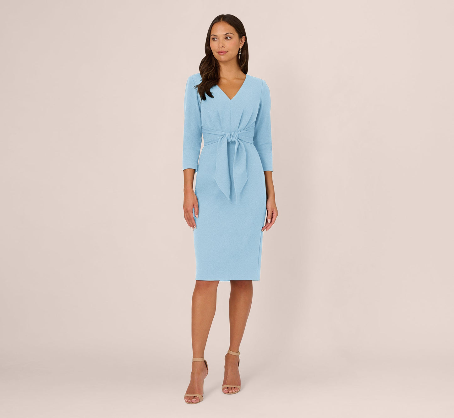 Three Quarter Sleeve Pleated Midi Dress With Tie Waist In Blue Mist