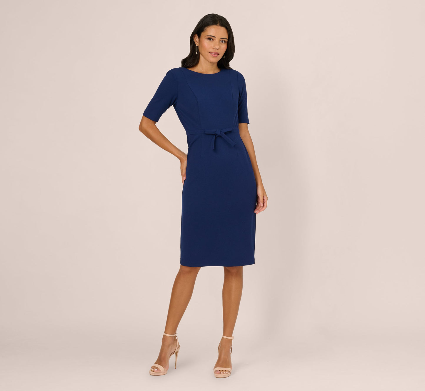 Short Sleeve Bow Waist Sheath Dress In Navy Sateen