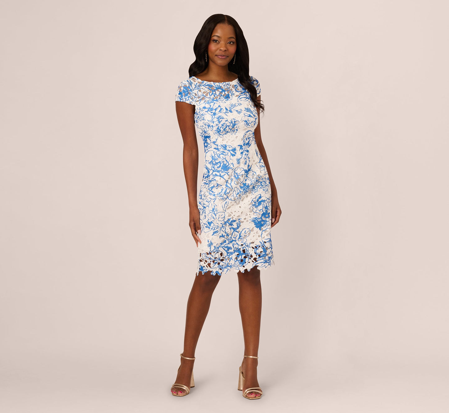 Cap Sleeve Printed Lace Sheath Dress In Ivory Blue