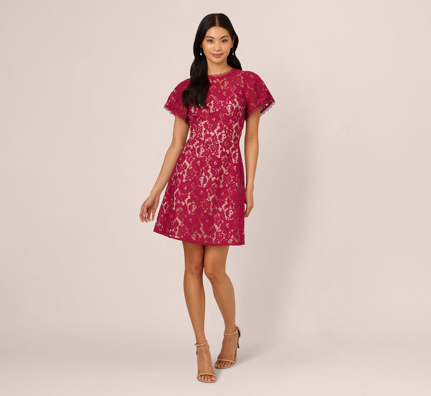 Short Sleeve Lace Illusion Short Dress In Light Wine