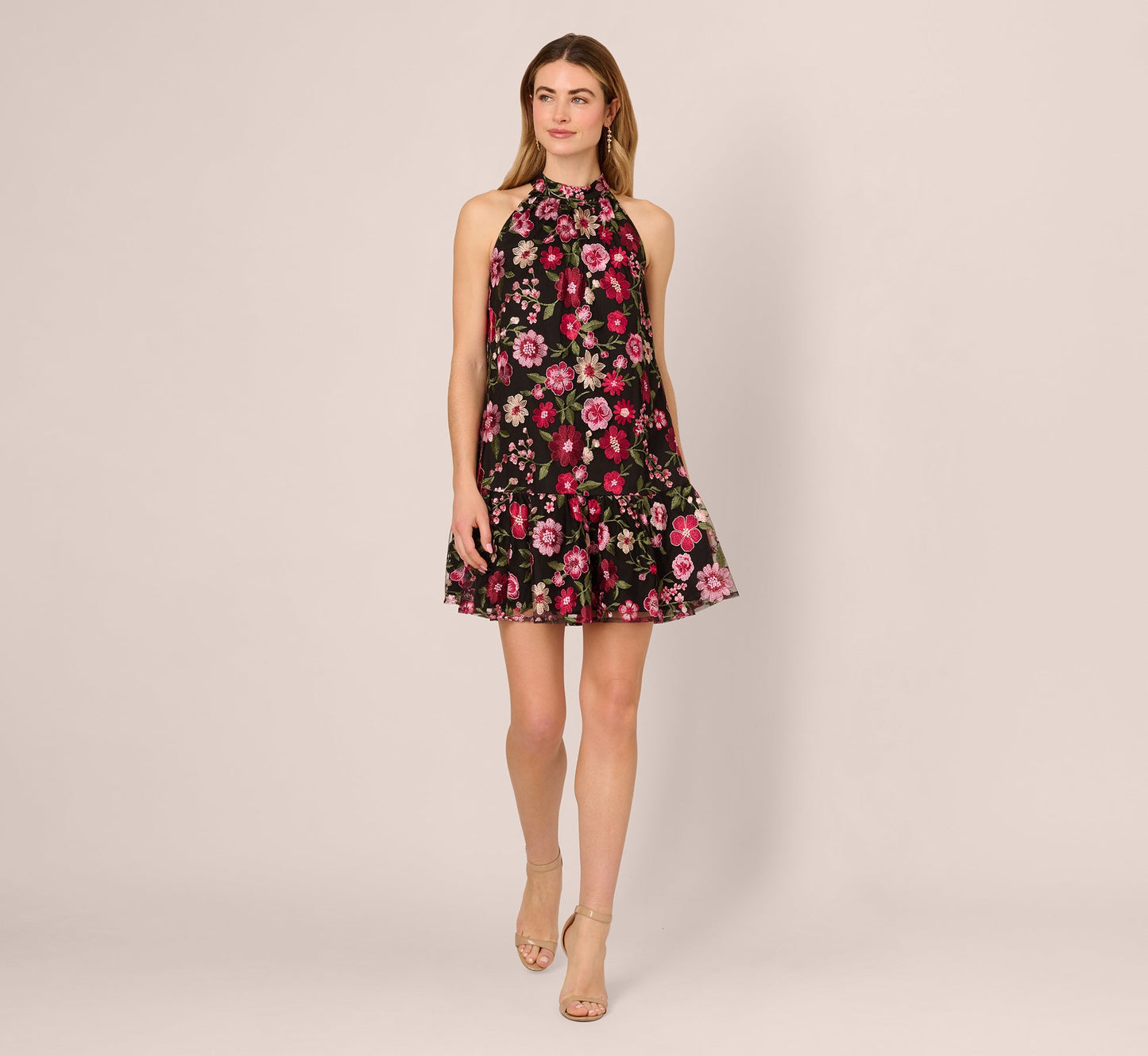 Floral Embroidered Trapeze Halter Dress In Pink Multi