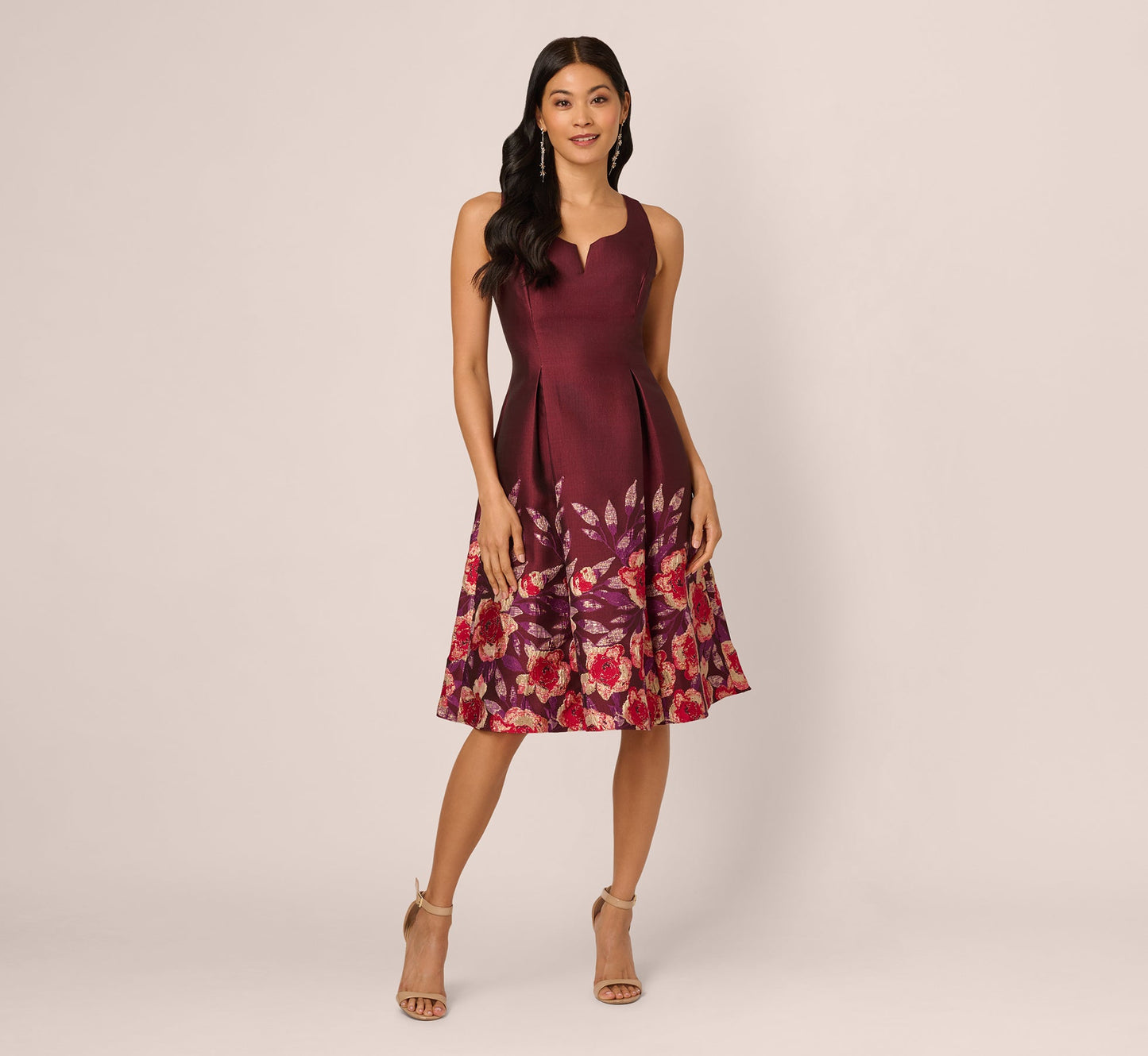 Sleeveless Floral Border Jacquard Midi Dress In Plum Multi