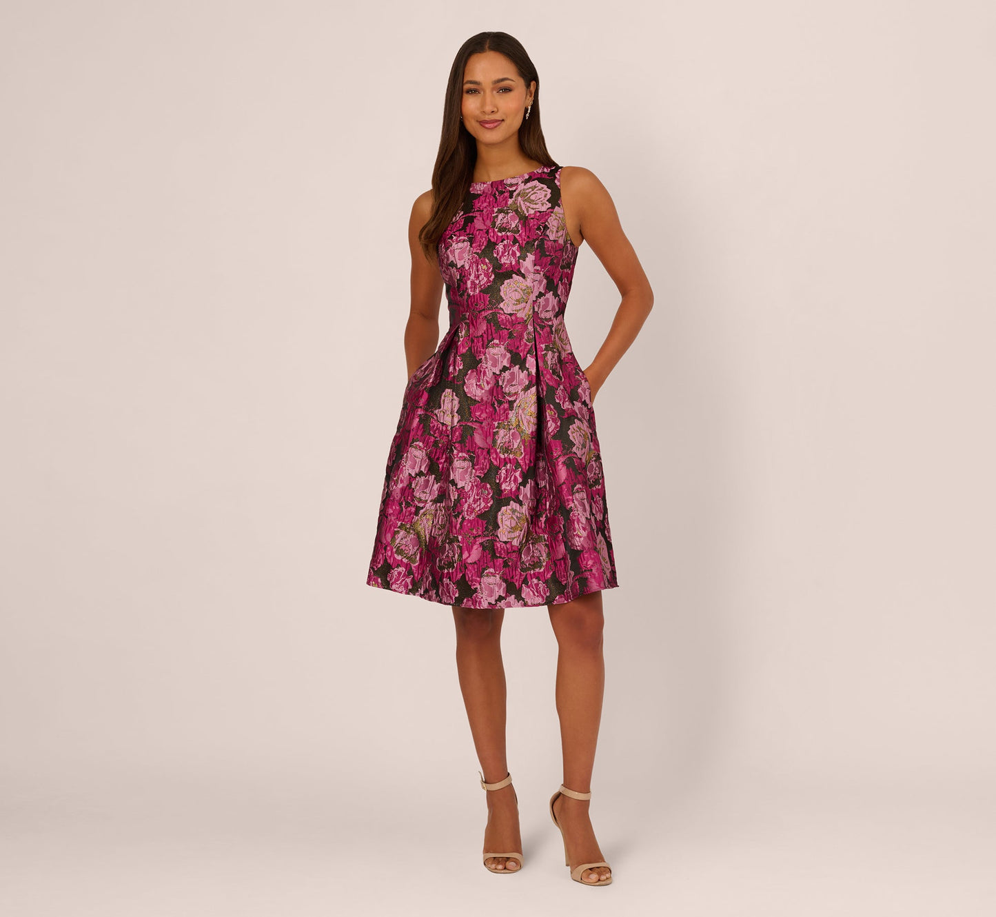 Rose Jacquard Envelope Back Dress In Pink Black Multi