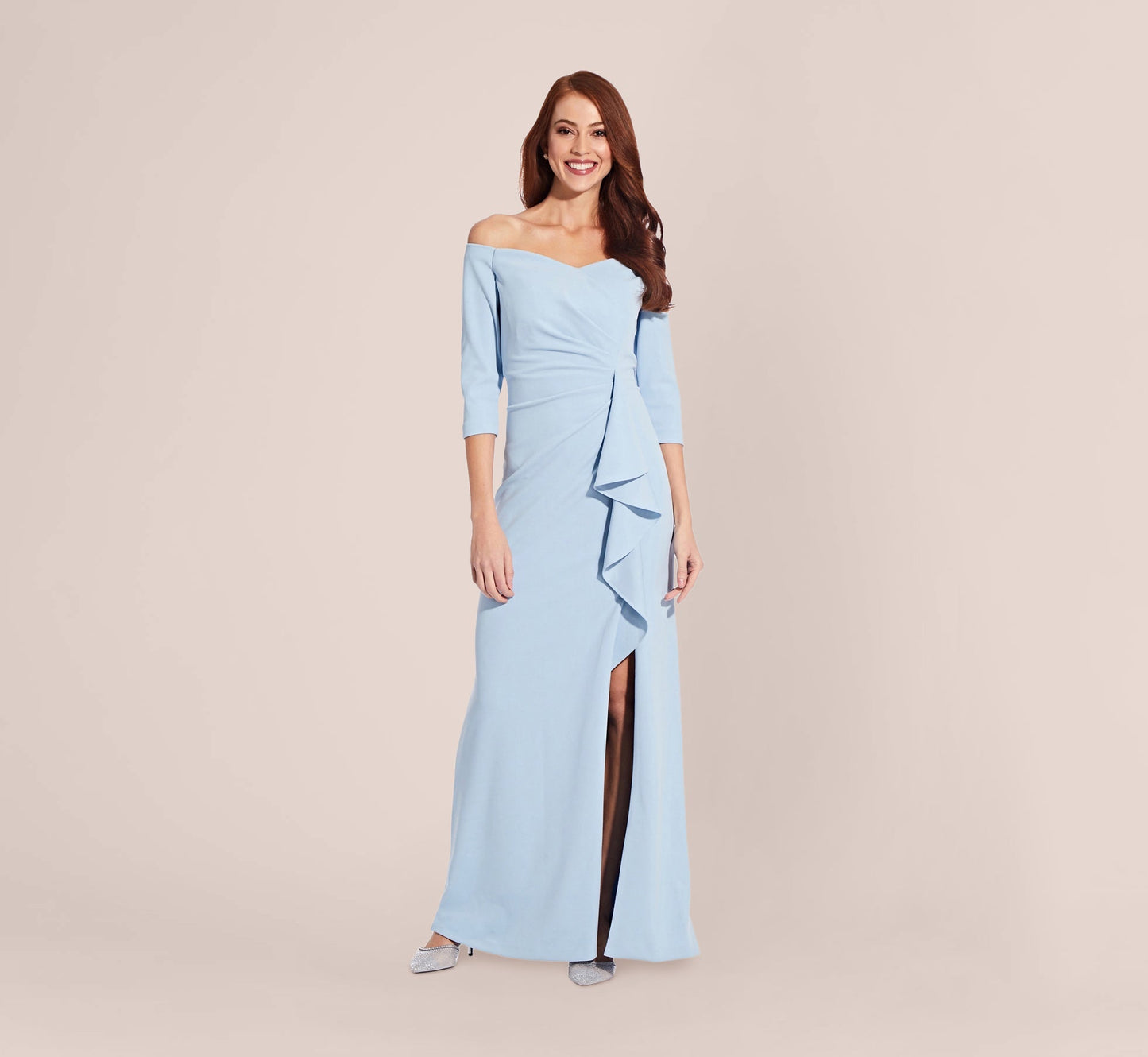 Off The Shoulder Dress With Cascading Ruffle Detail In Blue Mist