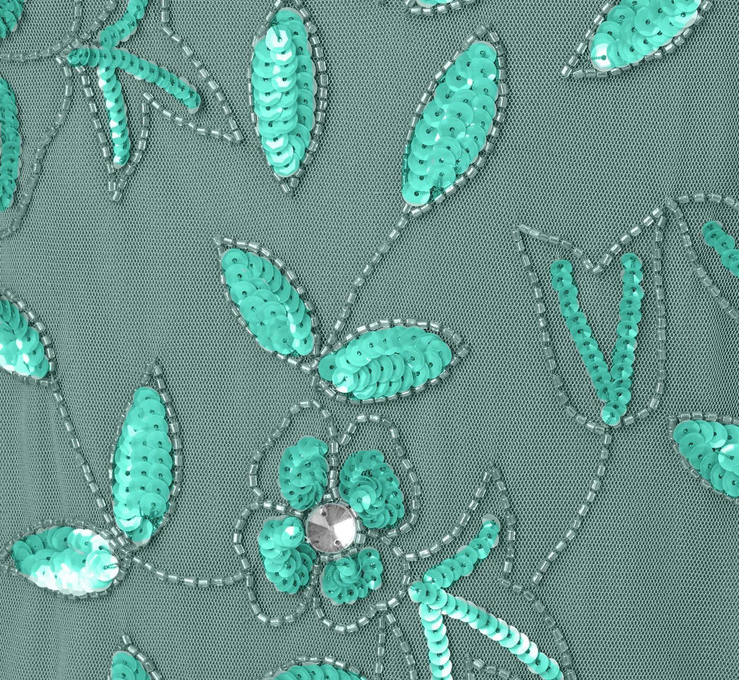 Plus Size Hand Beaded Short Sleeve Floral Godet Gown In Green Slate