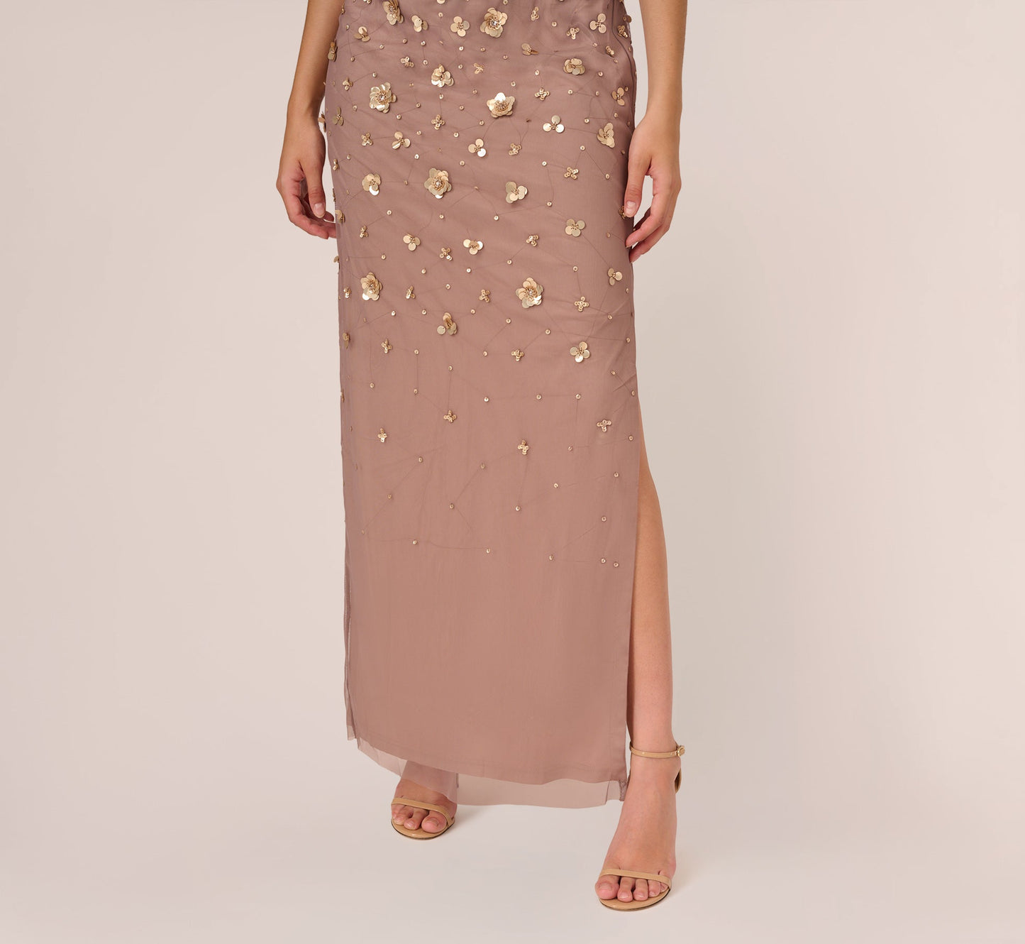 3D Floral Hand-Beaded One-Shoulder Long Column Gown In Stone