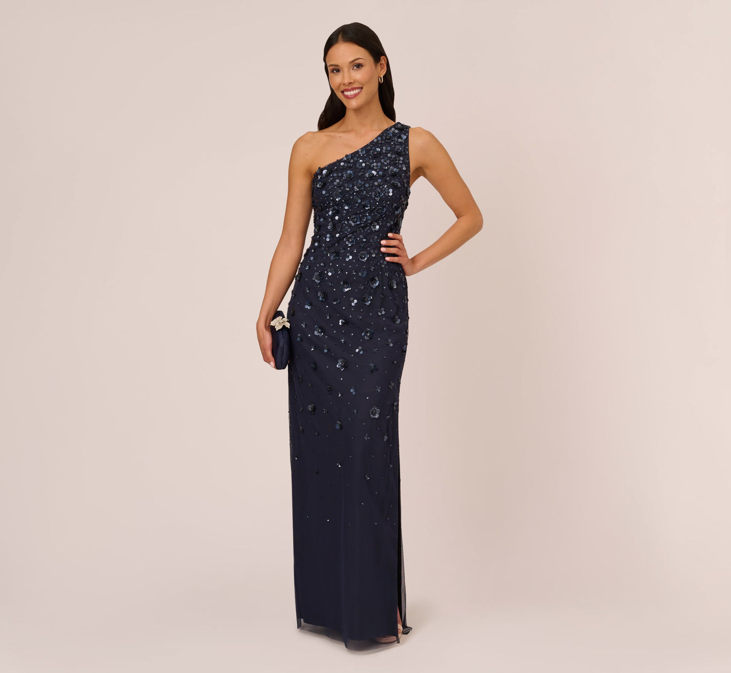 3D Floral Hand-Beaded One-Shoulder Long Column Gown In Dusty Navy