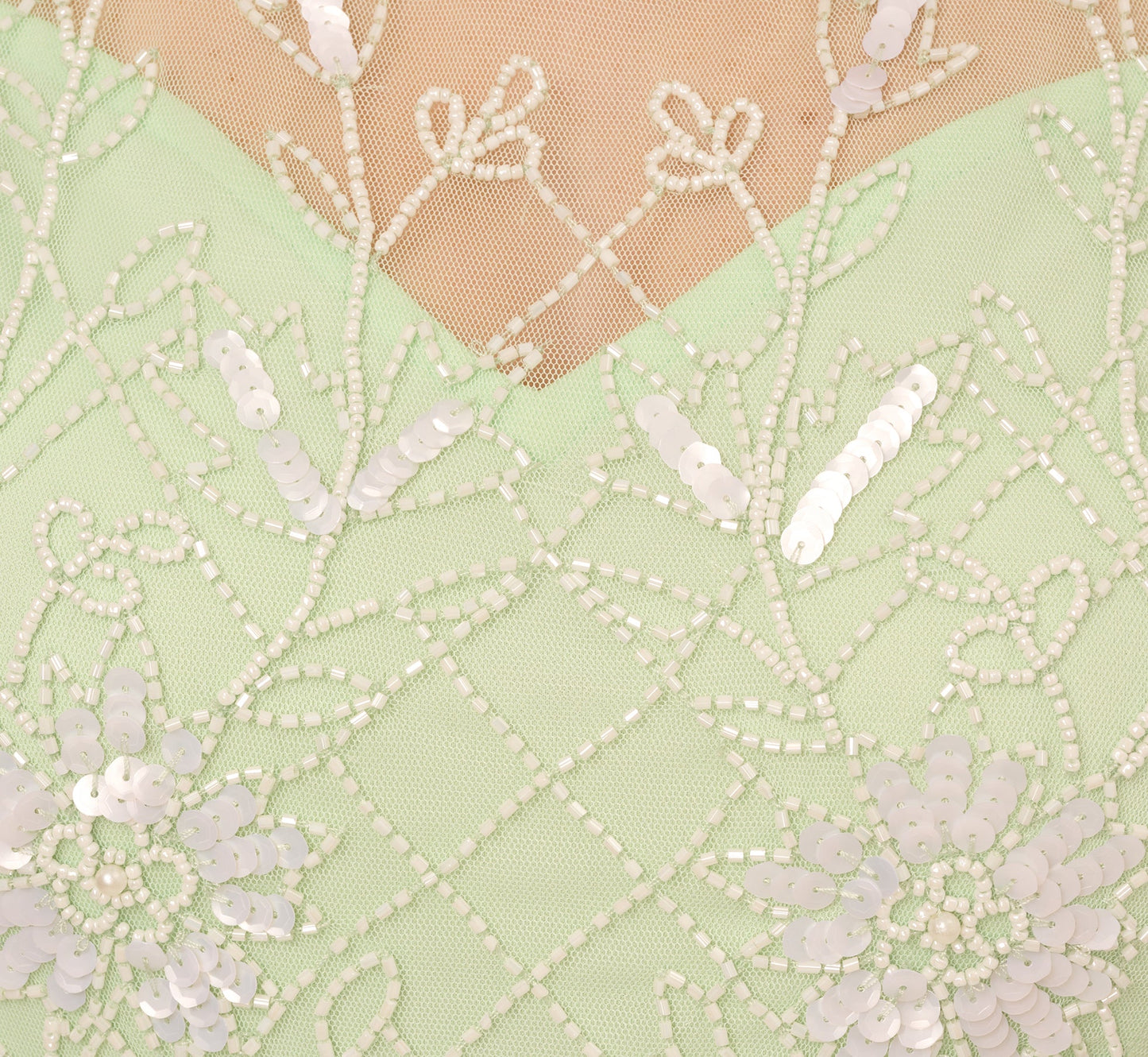 Beaded Ankle-Length Dress With Sheer Neckline In Aloe Mist Ivory