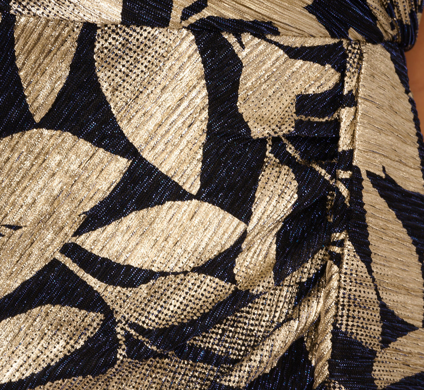 Foil Printed Asymmetric Gown With Ruffled Detail In Navy Gold