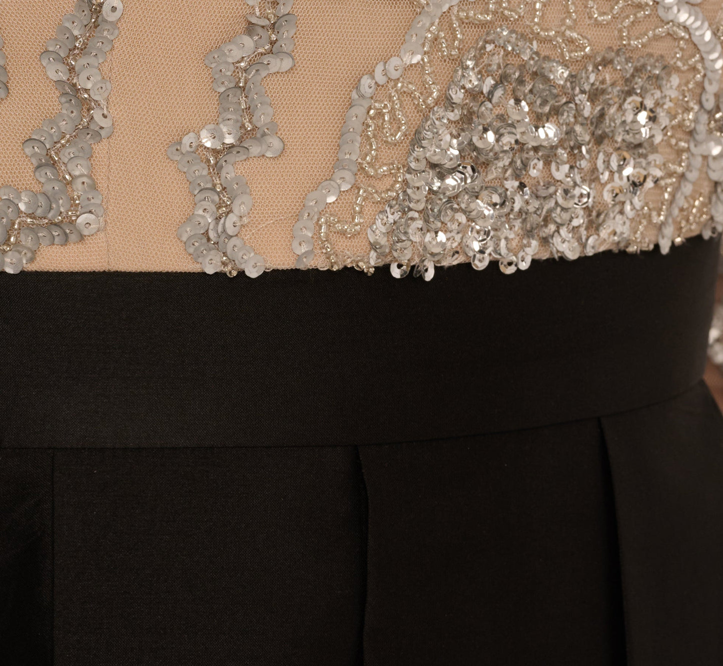 Three Quarter Sleeve Beaded Taffeta Combo Gown In Black Silver