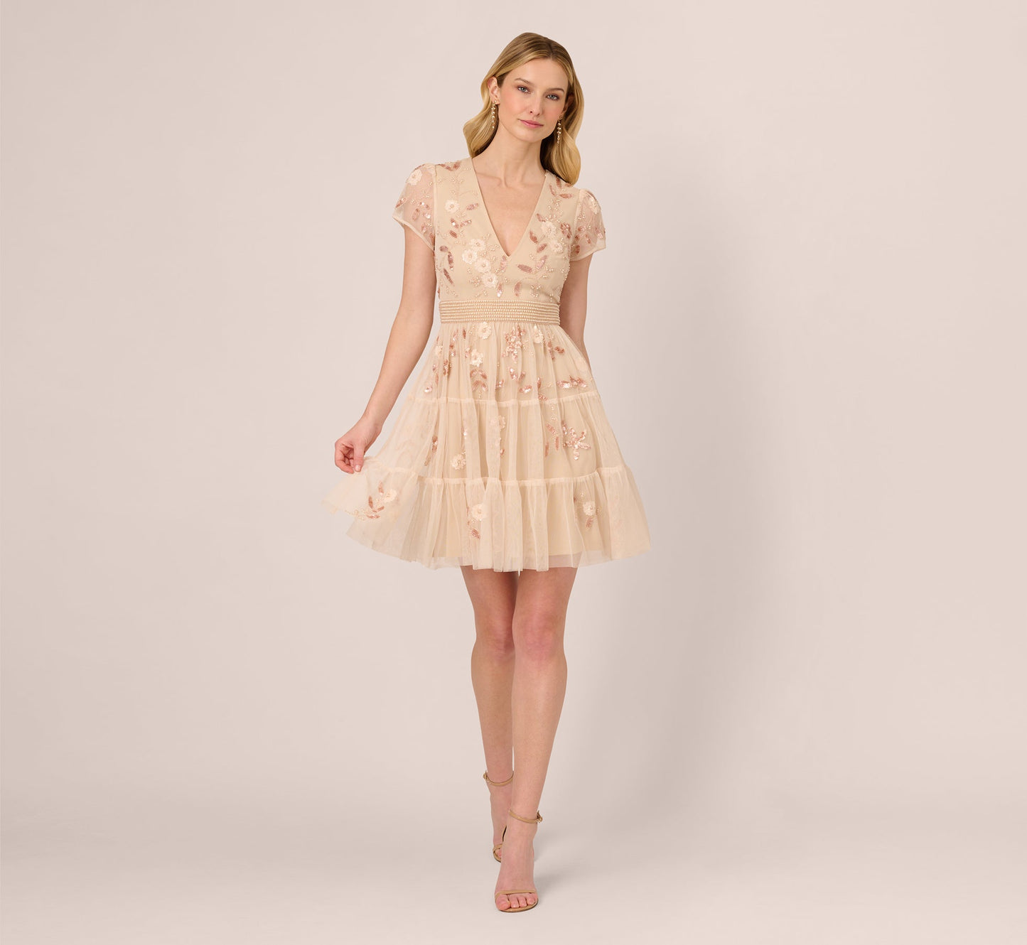 Cap Sleeve Pearly Sequin Cocktail Dress In Pale Pink