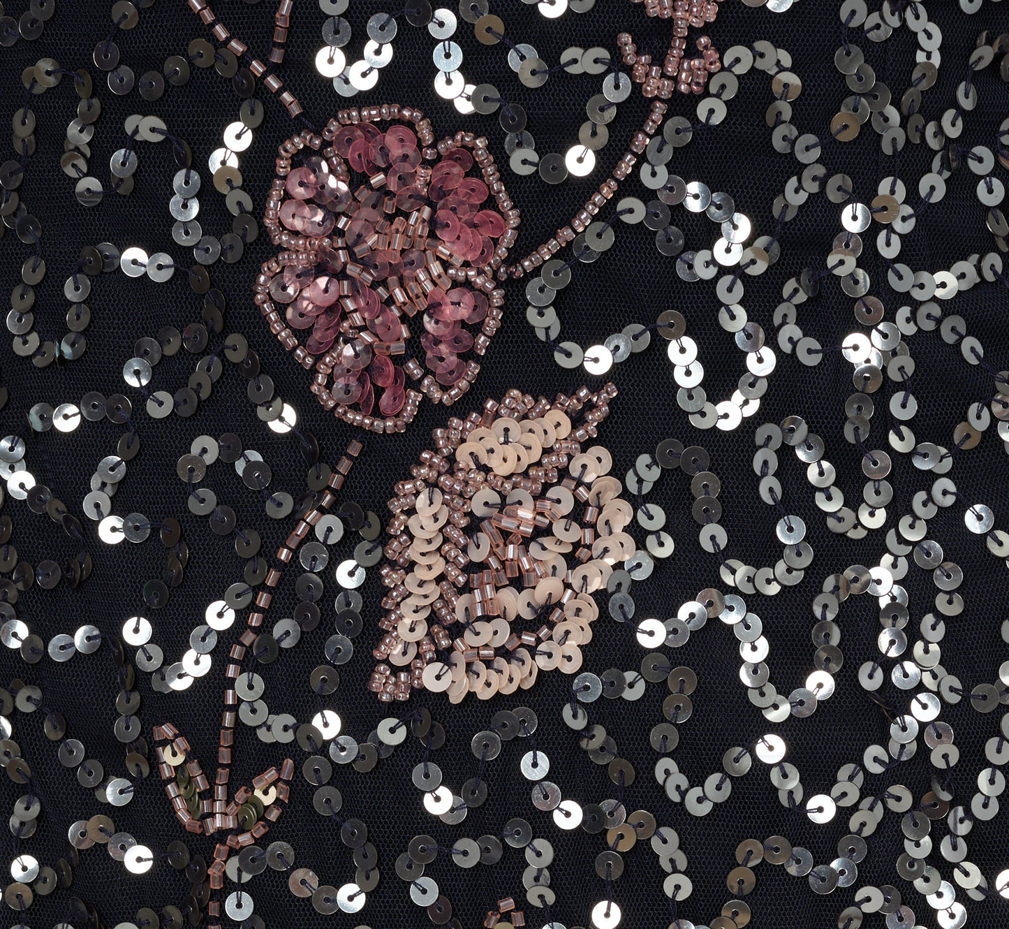 Sleeveless Sequin Floral Beaded Midi Dress In Navy Pink Multi