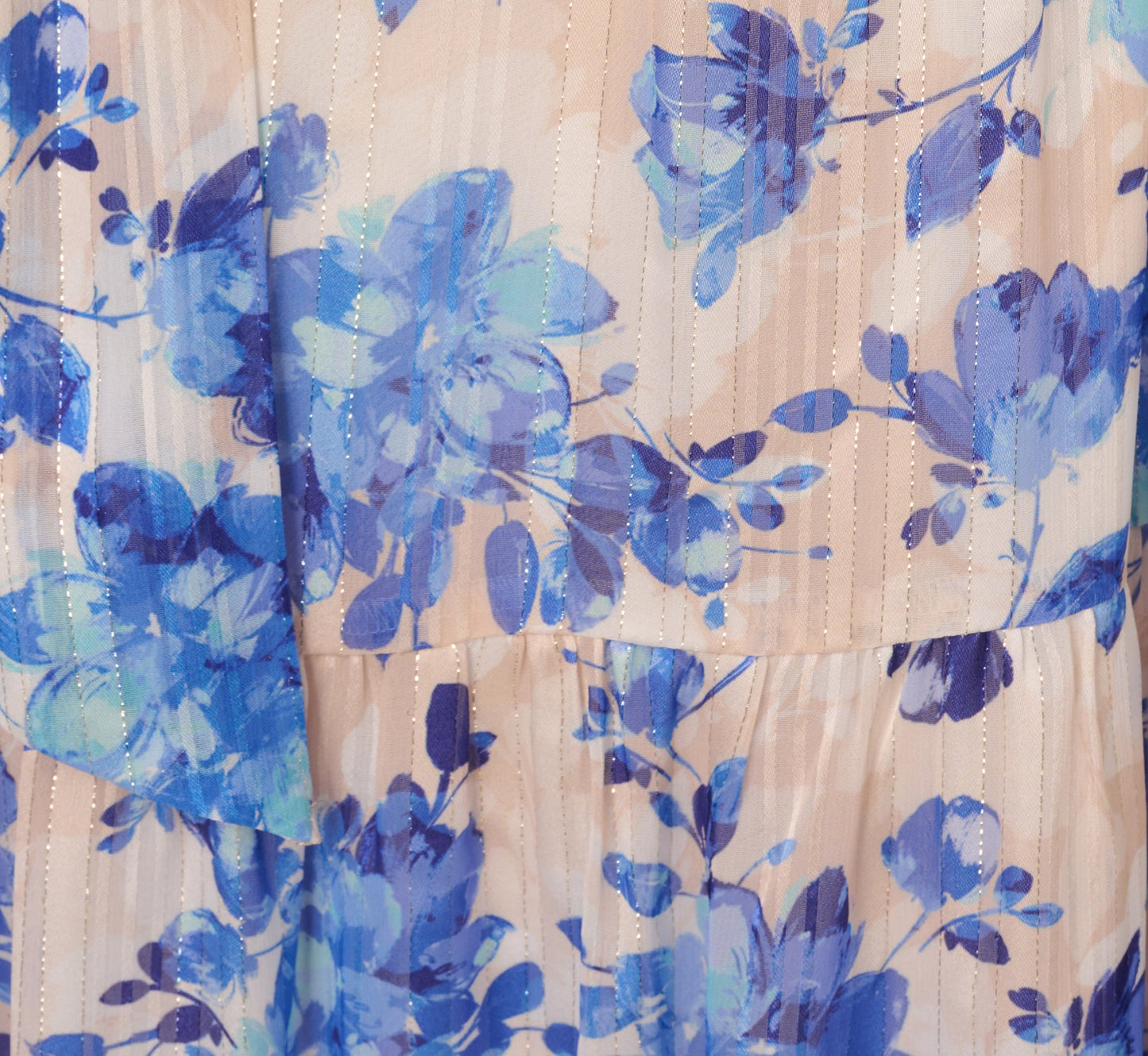 One Shoulder Metallic Stripe Floral Maxi Dress In Champagne Blue Multi