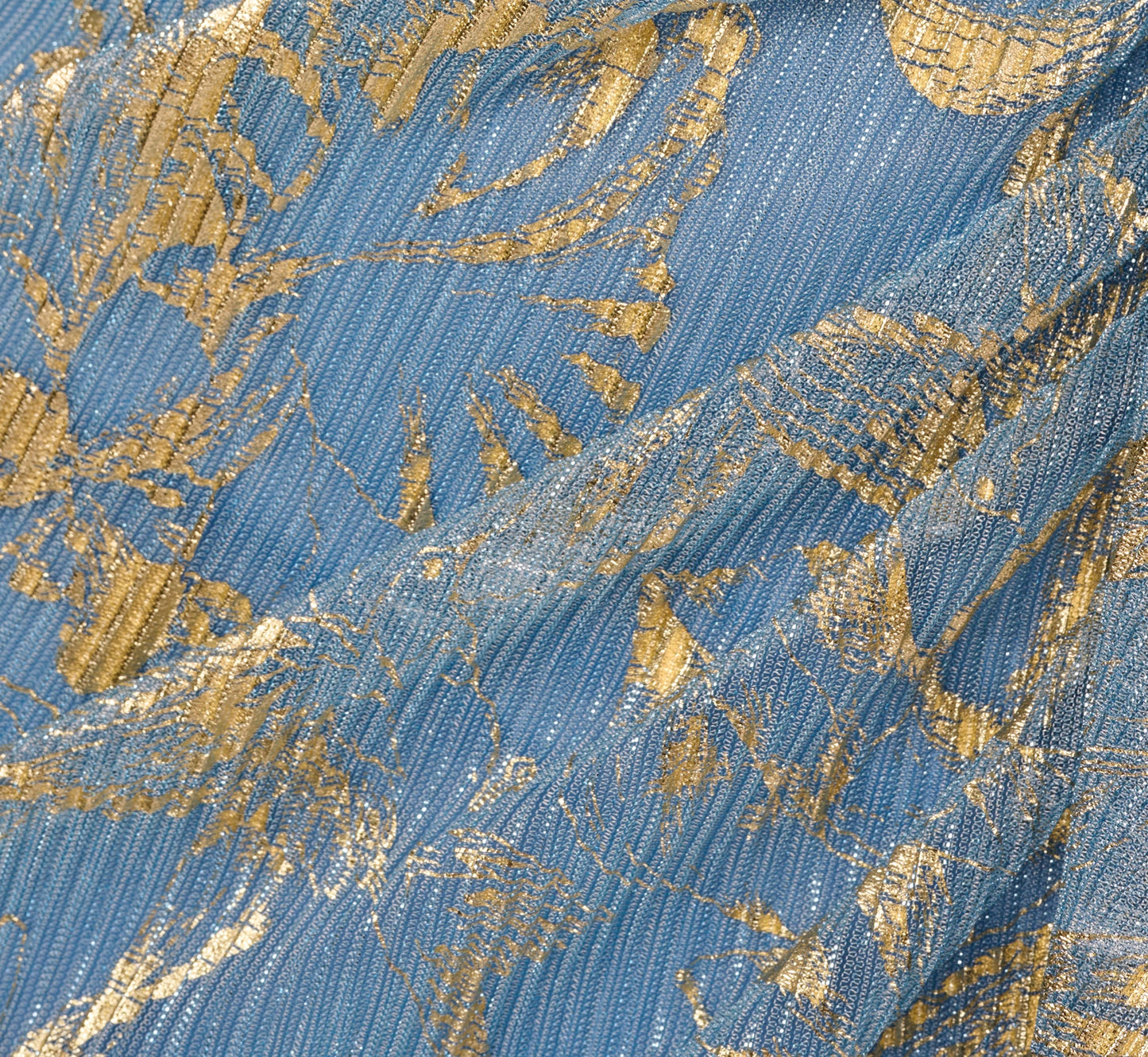 Metallic Crinkle Keyhole Halter Gown In Light Blue Gold