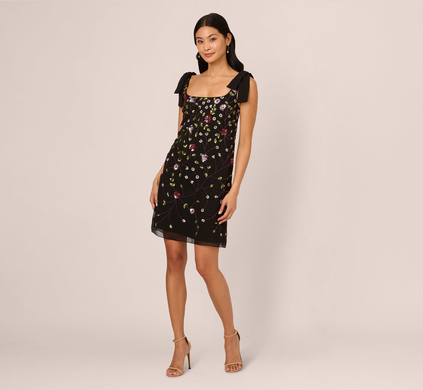 Bow Shoulder Floral Beaded Sheath Dress In Black Multi