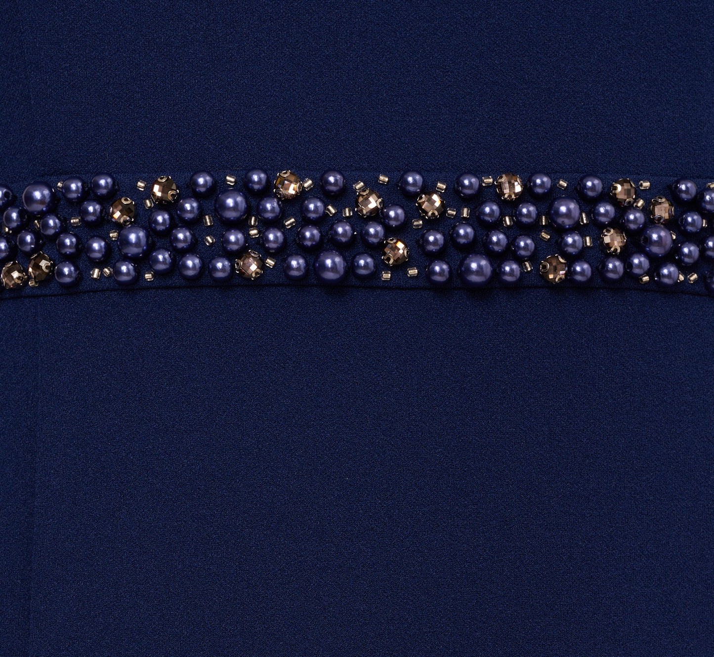 Sleeveless Mock Neck Pearly Midi Dress In Navy Sateen