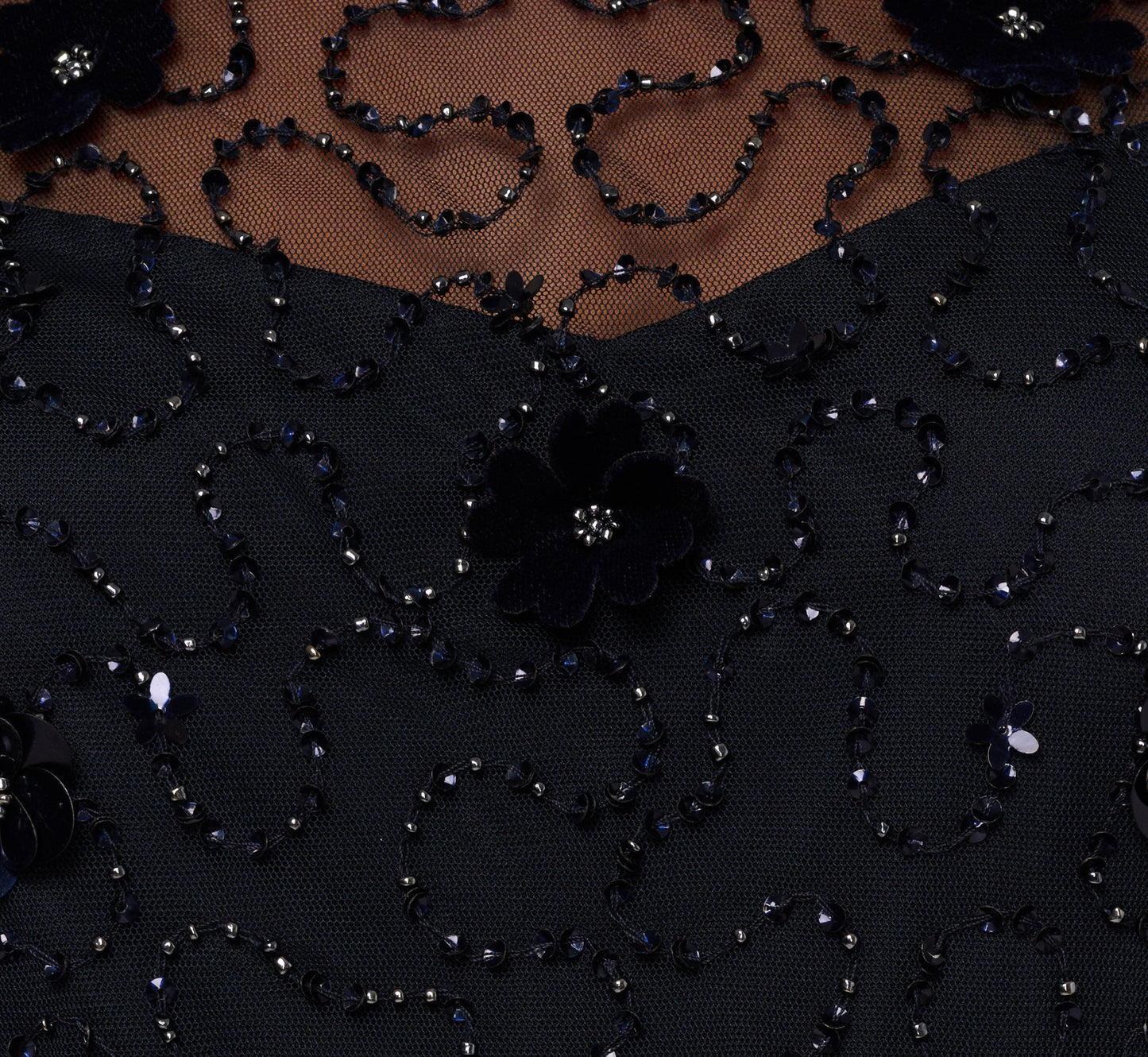 Plus Size Long Sleeve Illusion Floral Beaded Midi Dress In Midnight