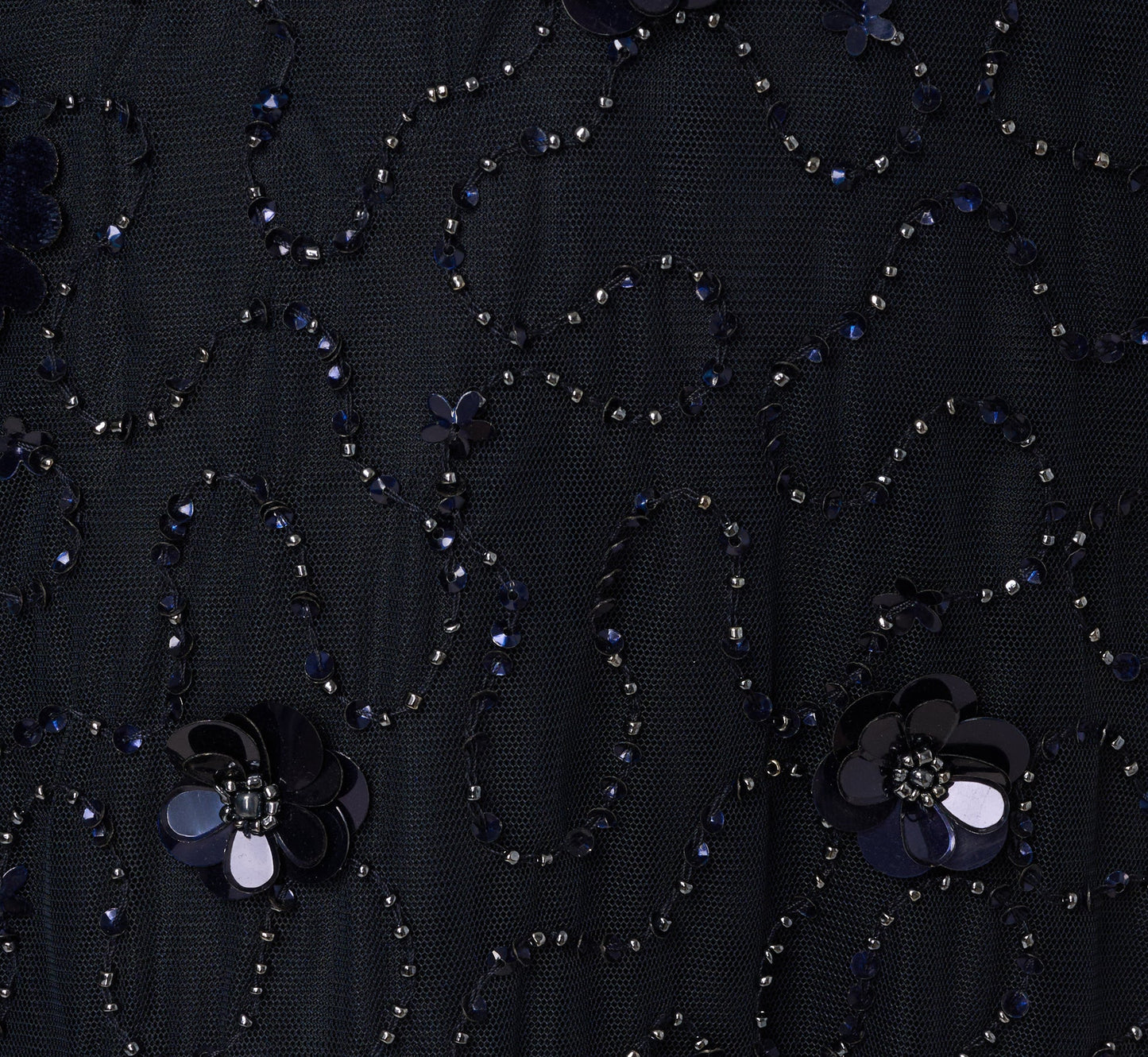 Long Sleeve Illusion Floral Beaded Midi Dress In Midnight