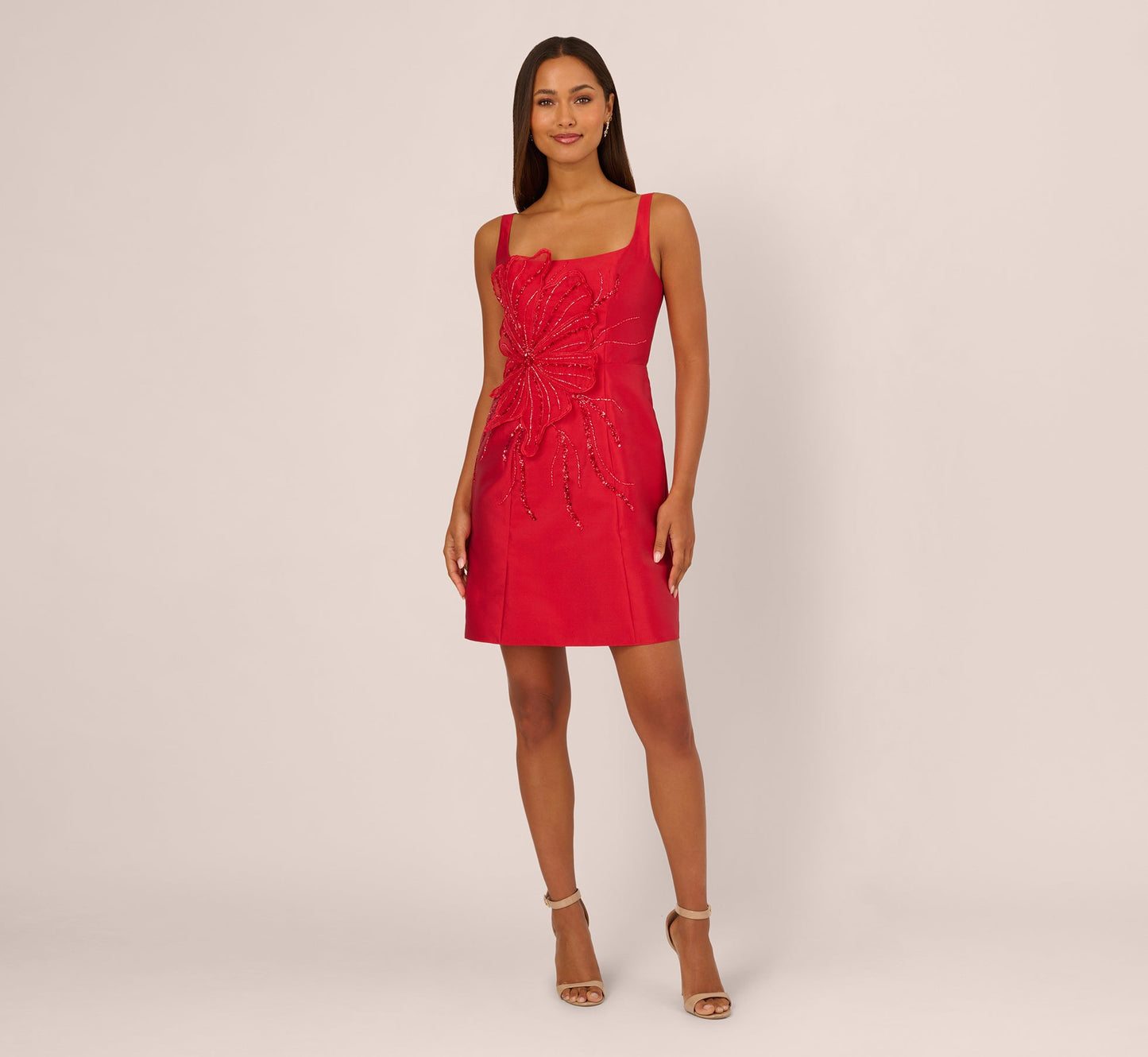 Sleeveless 3D Floral Beaded Cocktail Dress In Red