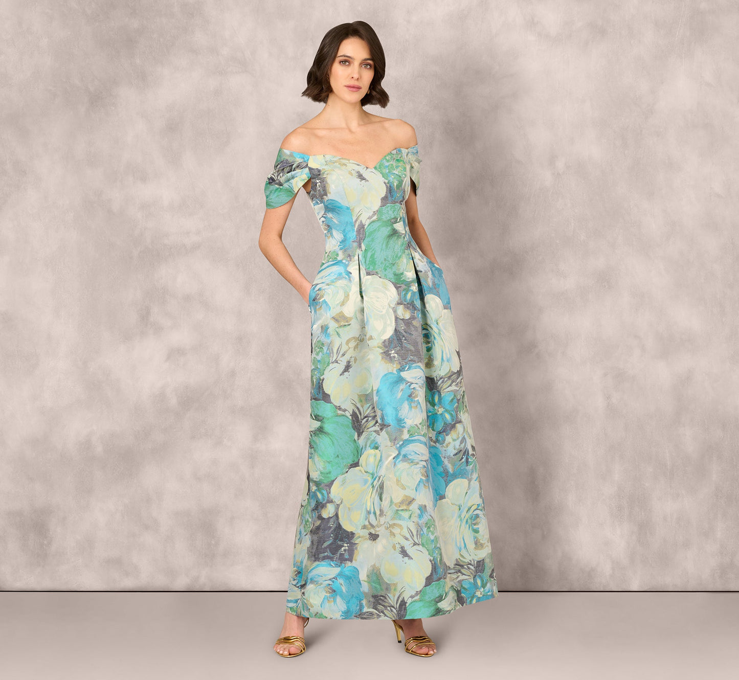 Off Shoulder Floral Jacquard Pleated Gown In Blue Multi