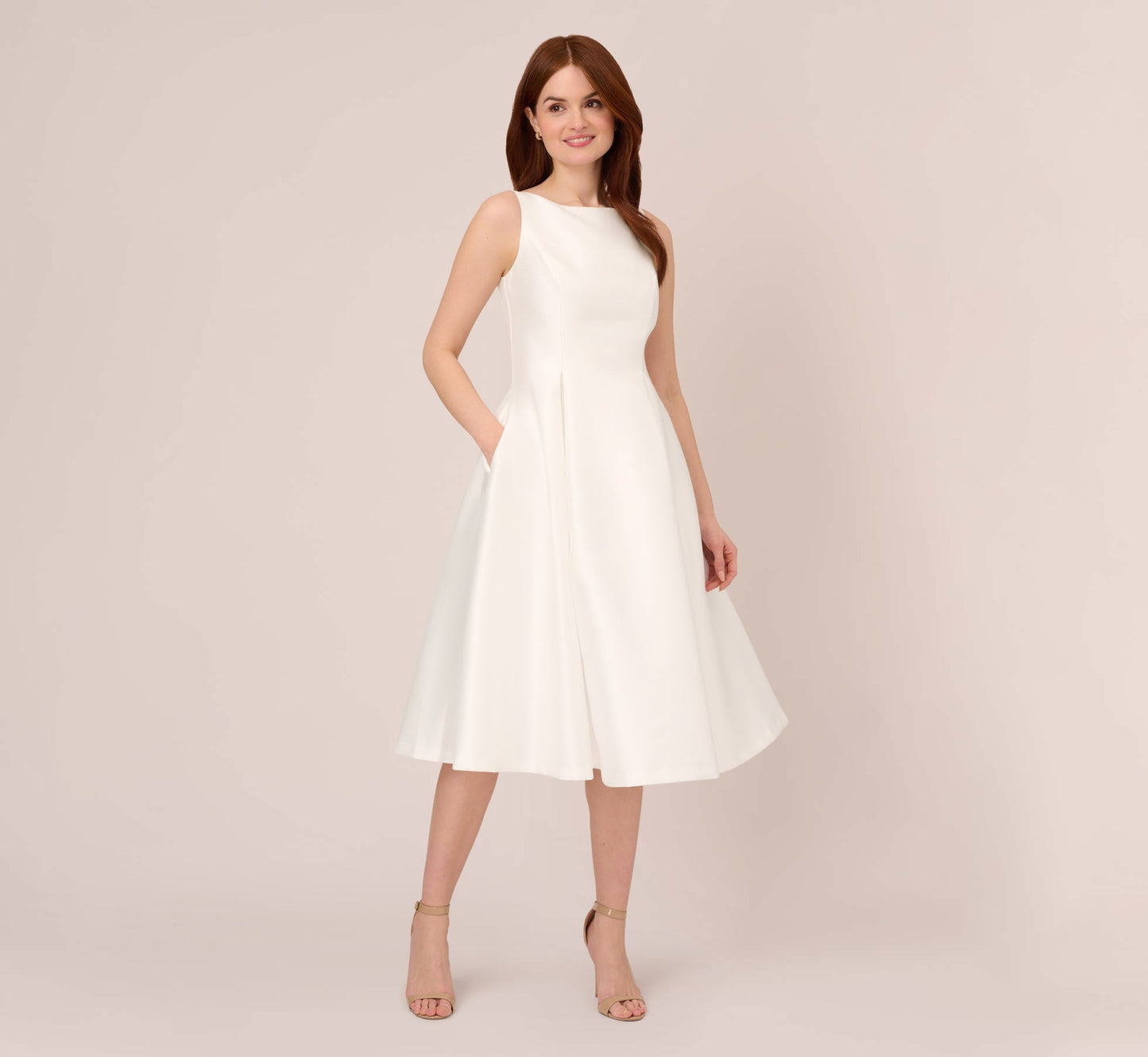 Sleeveless Mikado Fit And Flare Midi Dress With V-Back In Ivory