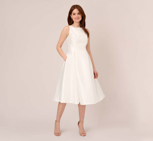 Sleeveless Mikado Fit And Flare Midi Dress With V-Back In Ivory