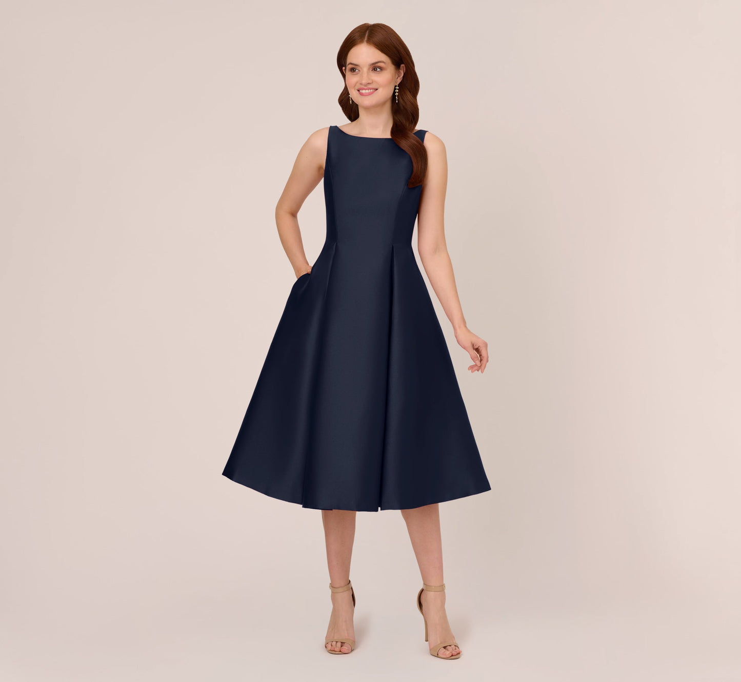 Sleeveless Mikado Fit And Flare Midi Dress With V-Back In Midnight